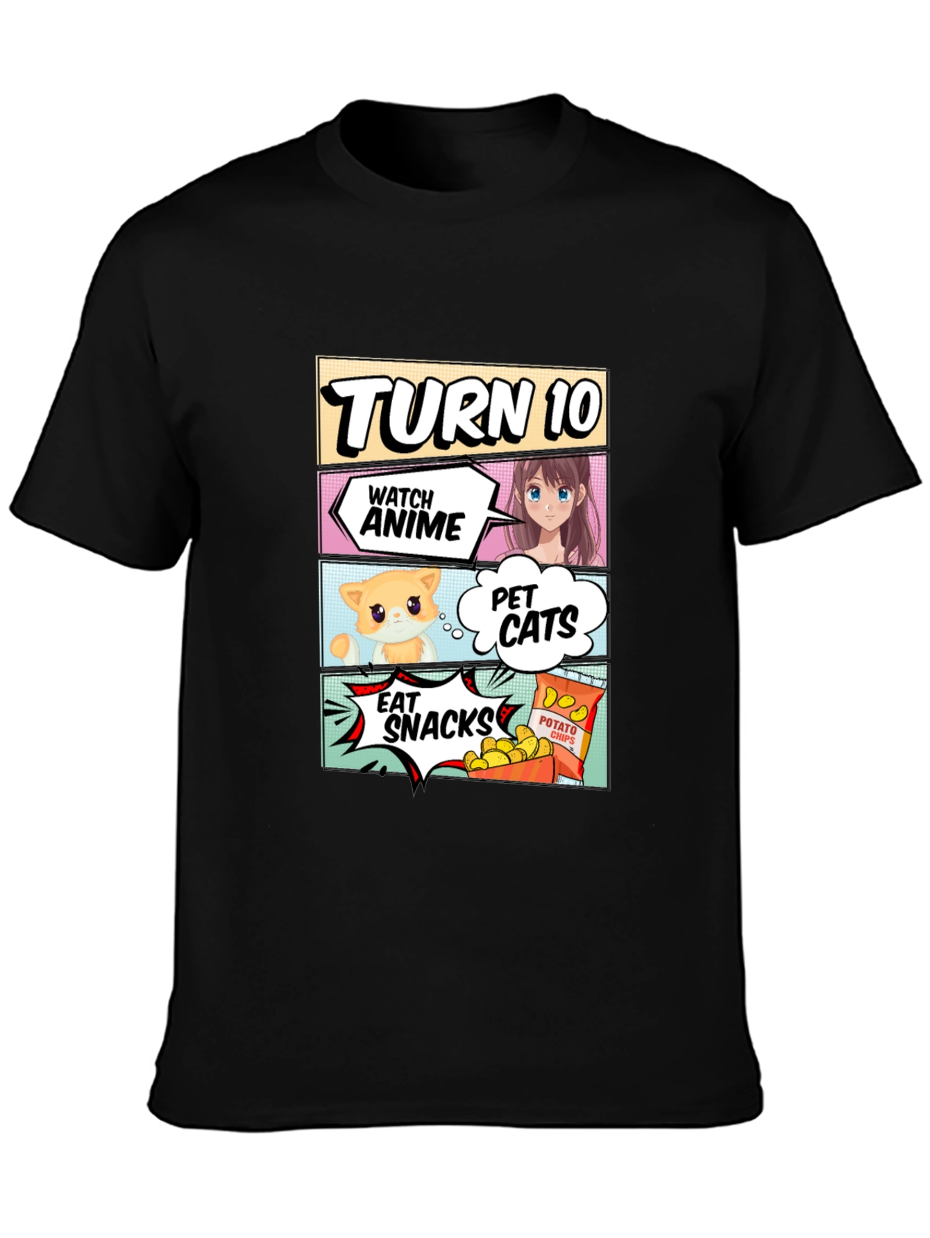 Turn 10 Anime Cats & Snacks Black T-Shirt