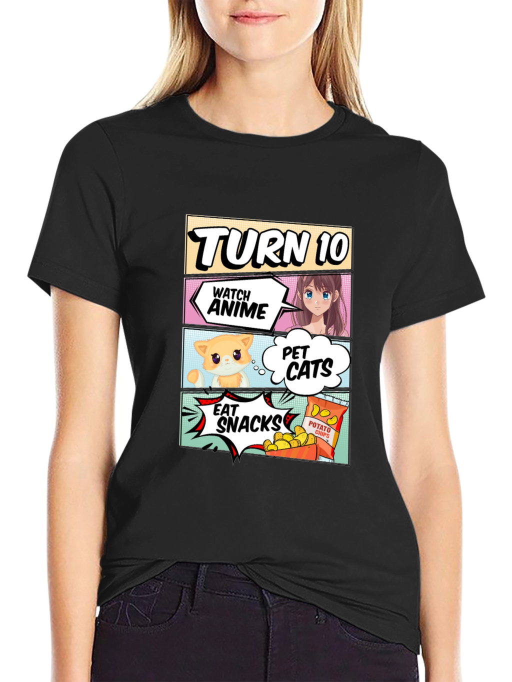 Turn 10 Anime Cats & Snacks Black T-Shirt