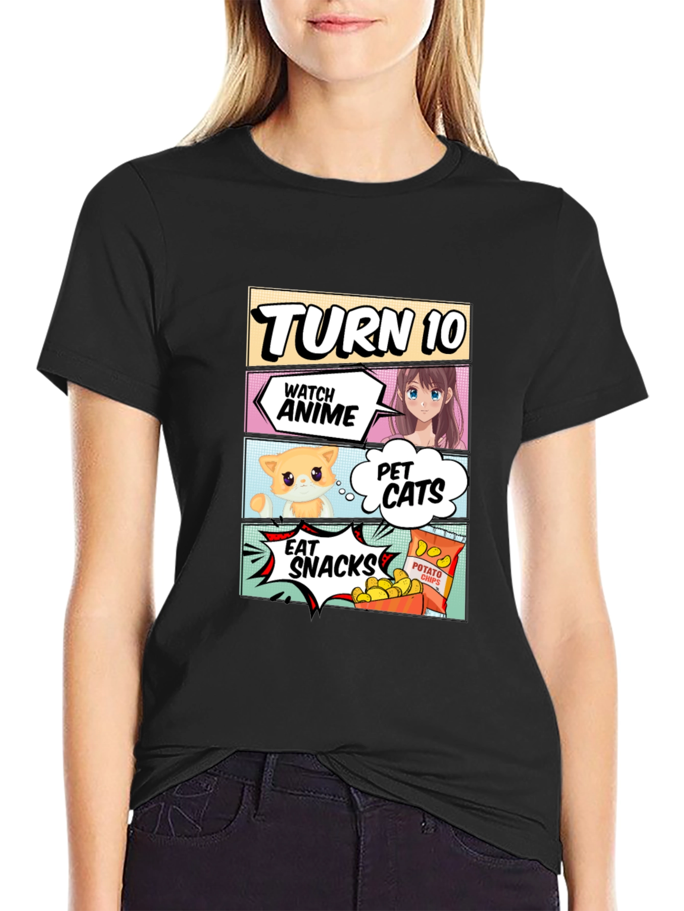 Turn 10 Anime Cats & Snacks Black T-Shirt