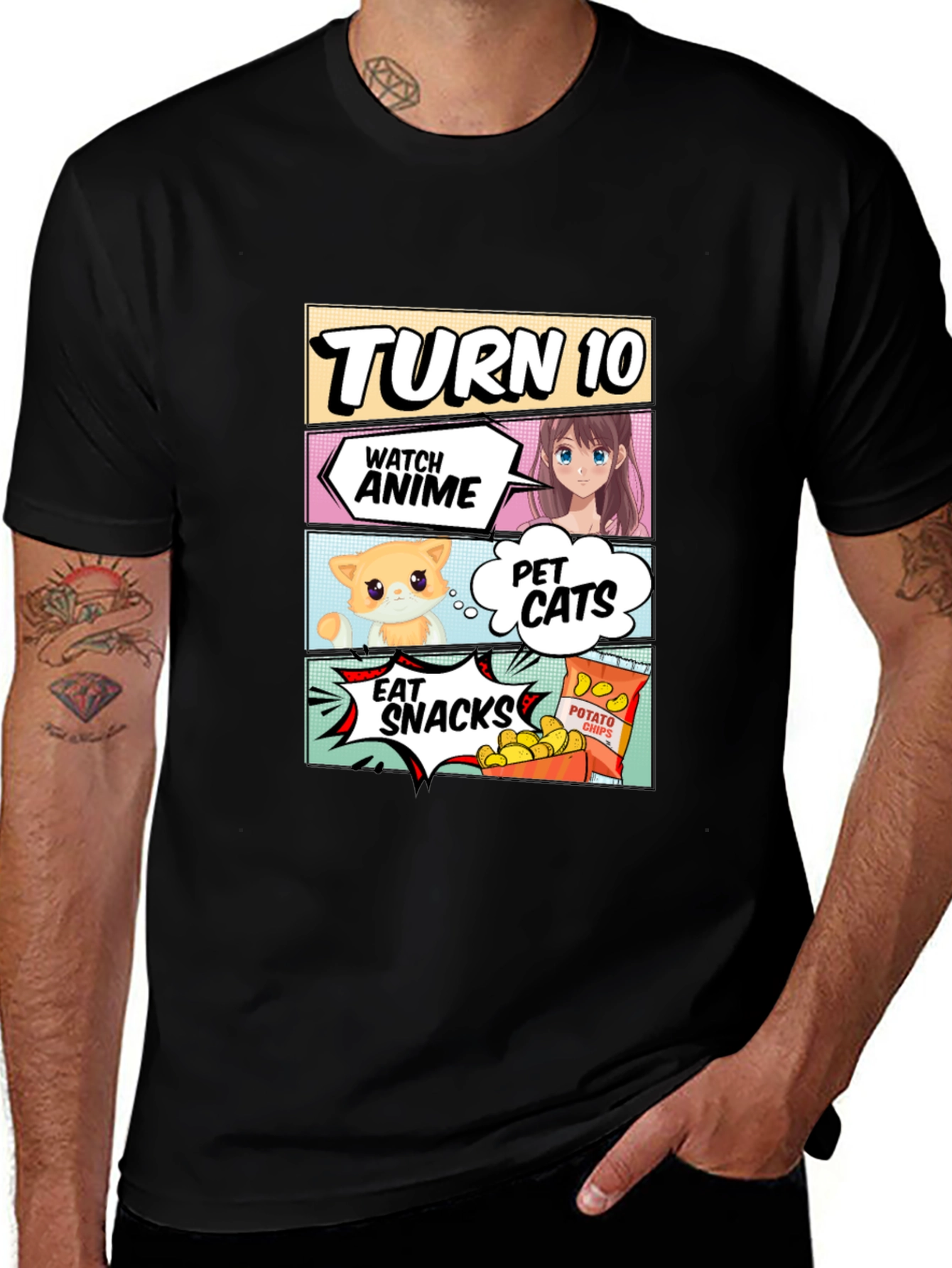 Turn 10 Anime Cats & Snacks Black T-Shirt