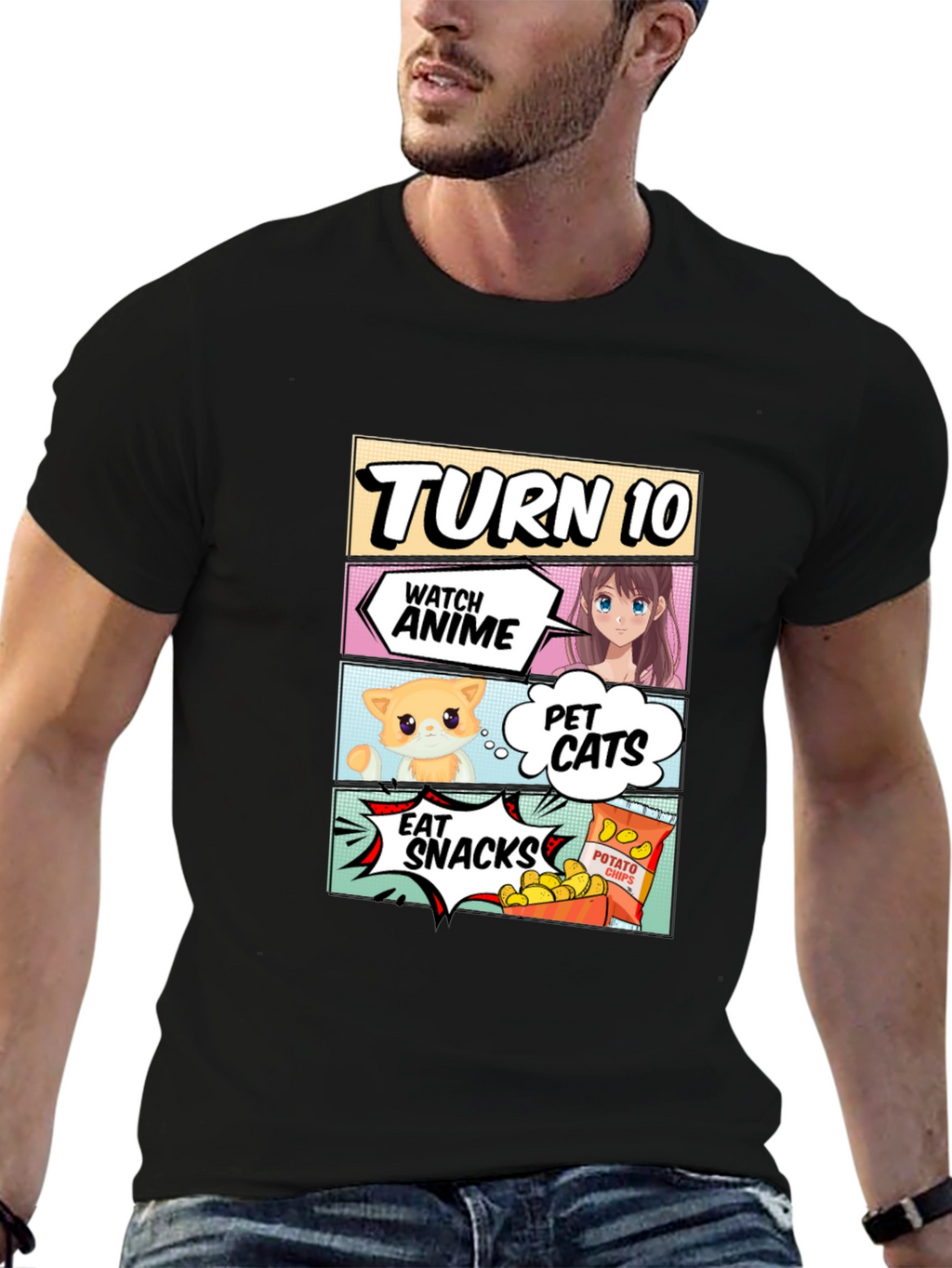 Turn 10 Anime Cats & Snacks Black T-Shirt