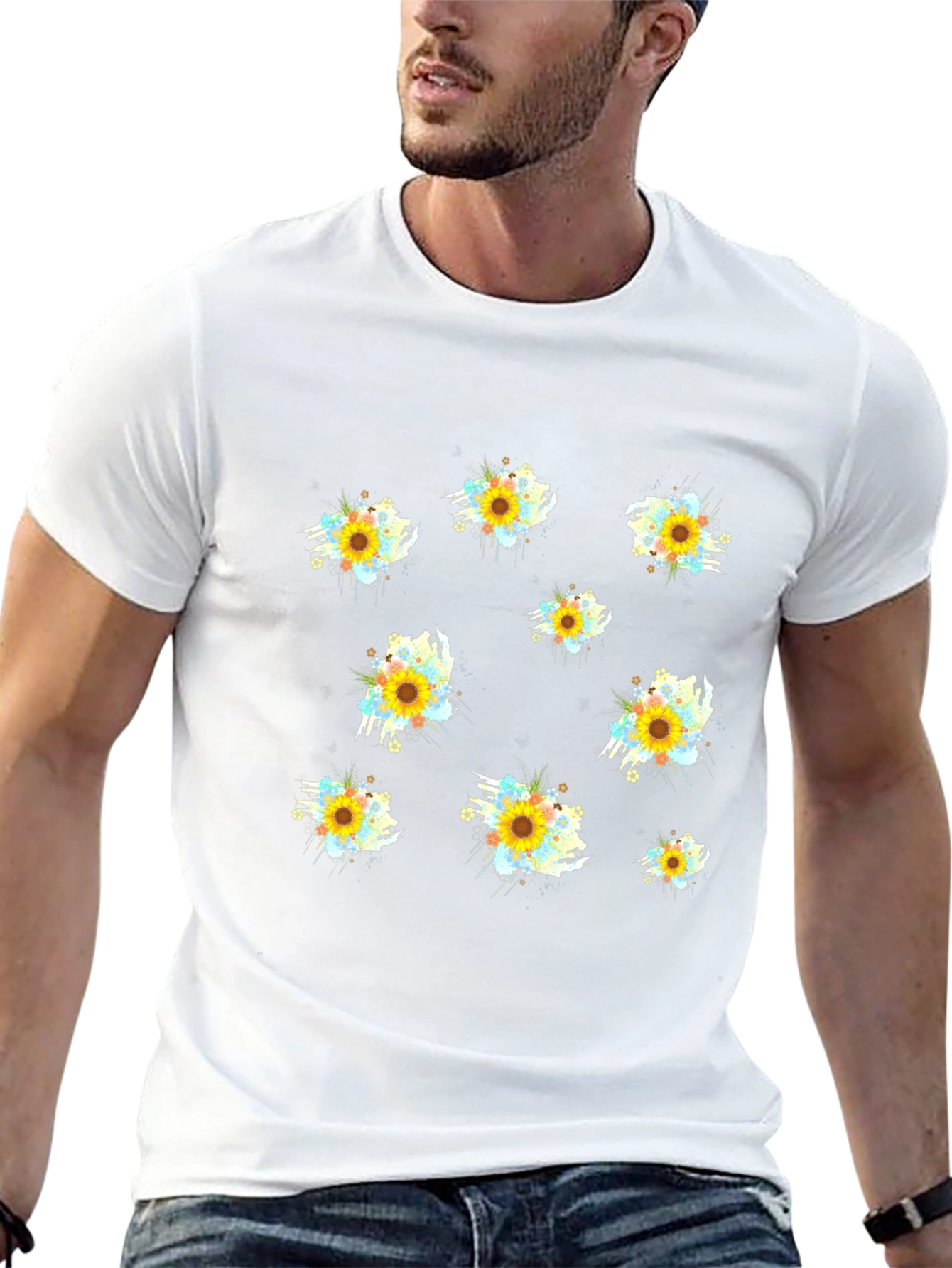 Sunflower Splash Print Black T-Shirt