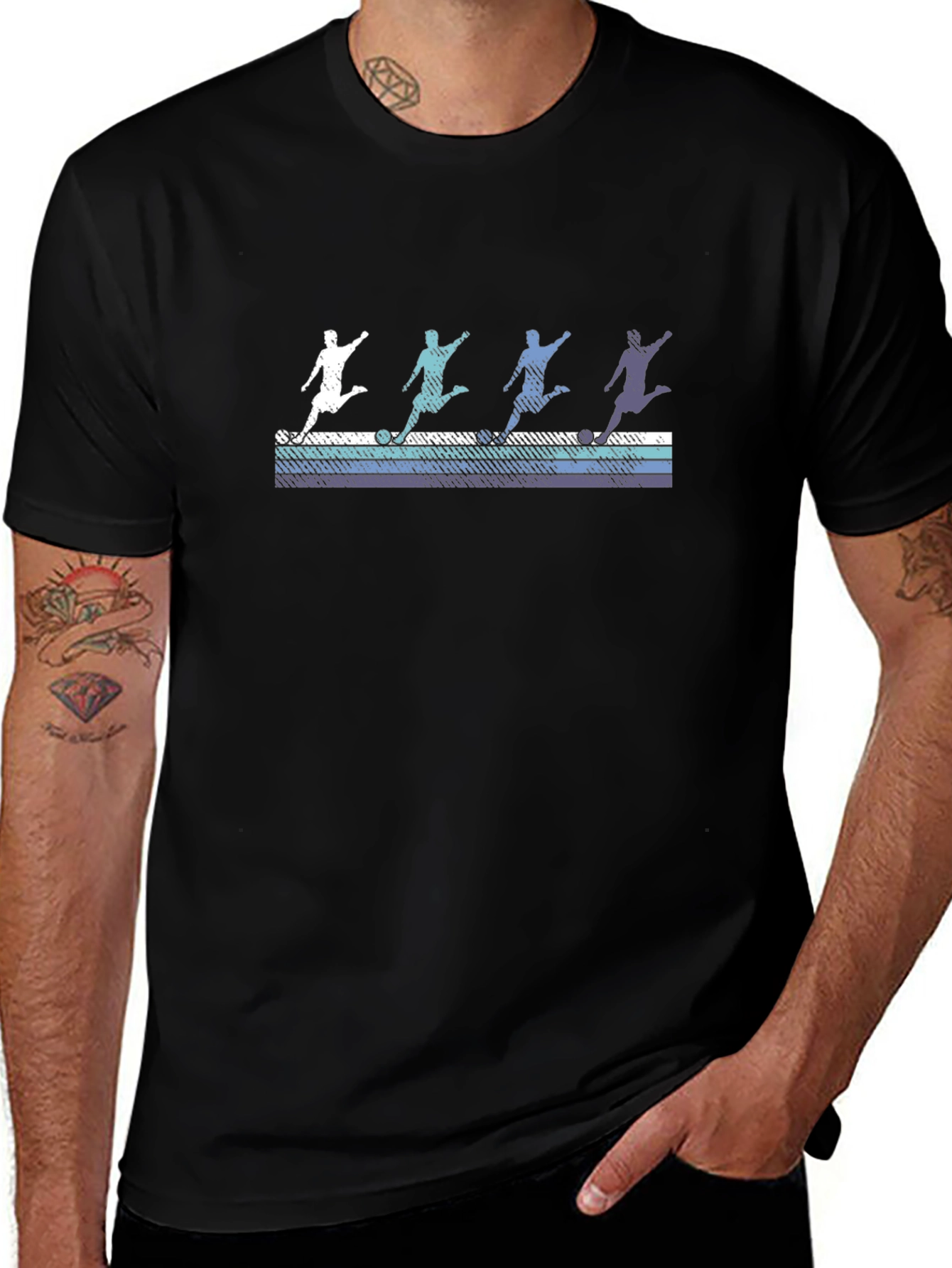 Retro Soccer Player Graphic Tee - Black Cotton Blend