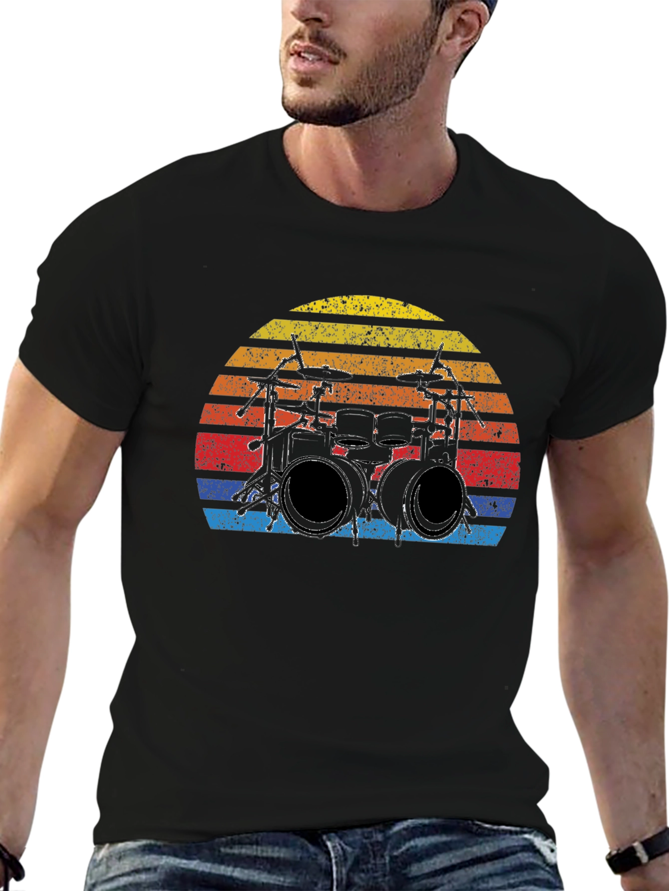 Drum Set Sunset Graphic T-Shirt - Vintage Music Tee
