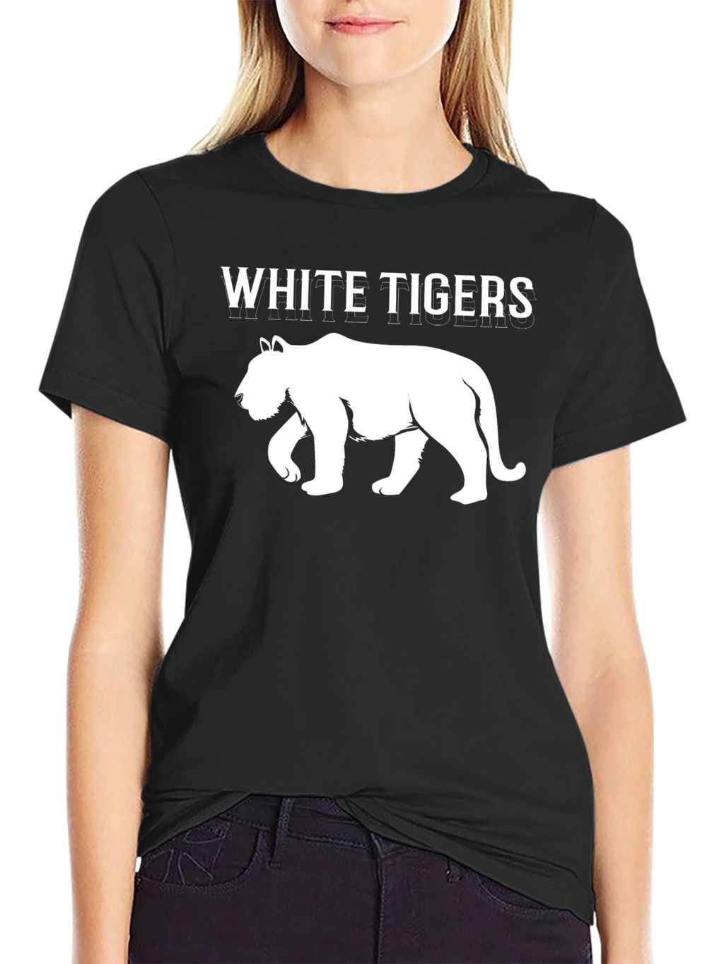 White Tigers Graphic Print Black T-Shirt
