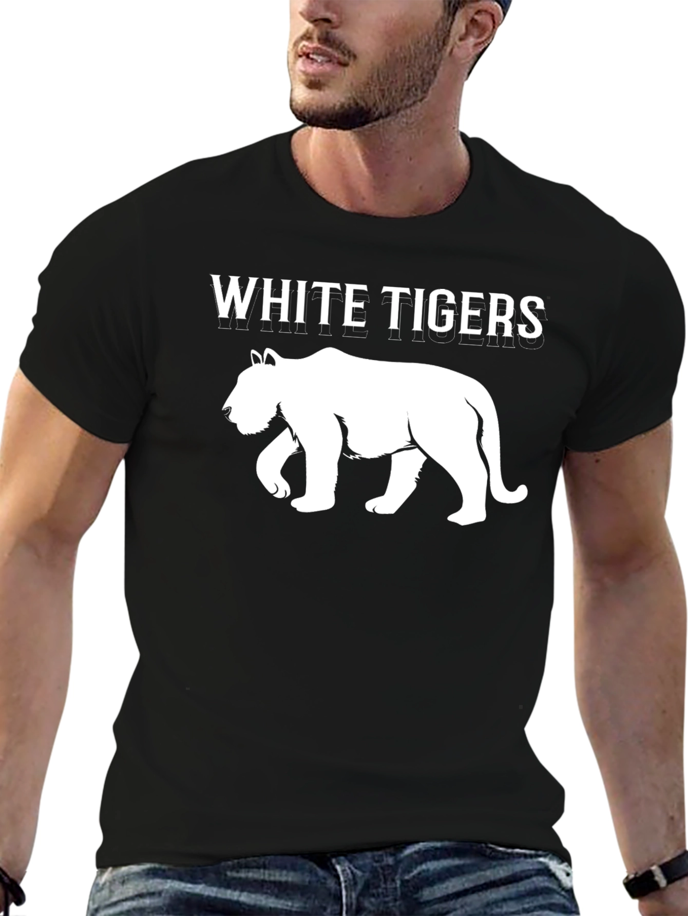 White Tigers Graphic Print Black T-Shirt