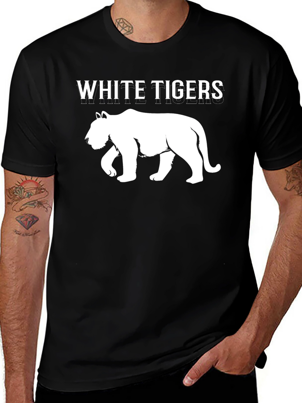 White Tigers Graphic Print Black T-Shirt