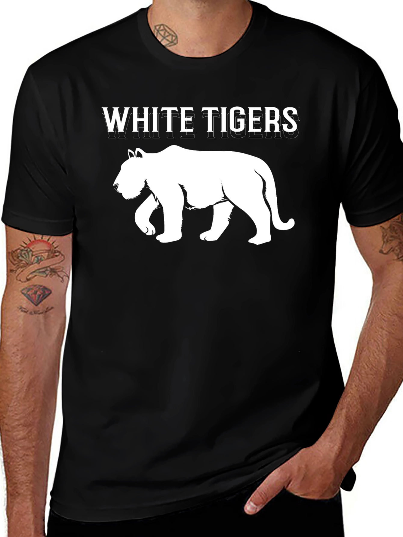 White Tigers Graphic Print Black T-Shirt