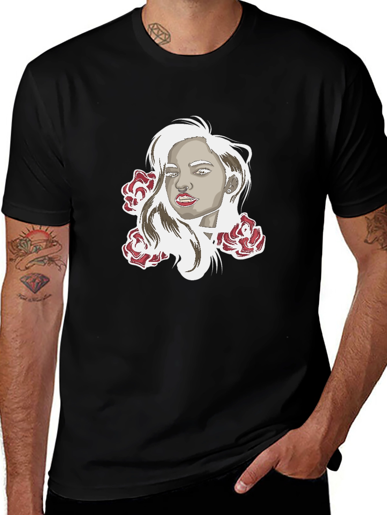 Woman and Roses Graphic Print Black T-Shirt