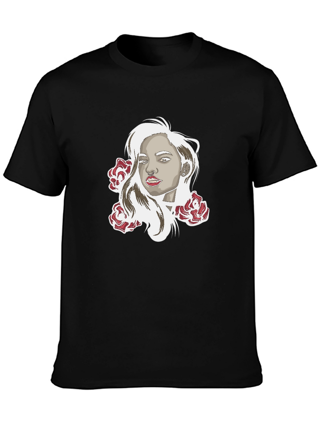 Woman and Roses Graphic Print Black T-Shirt