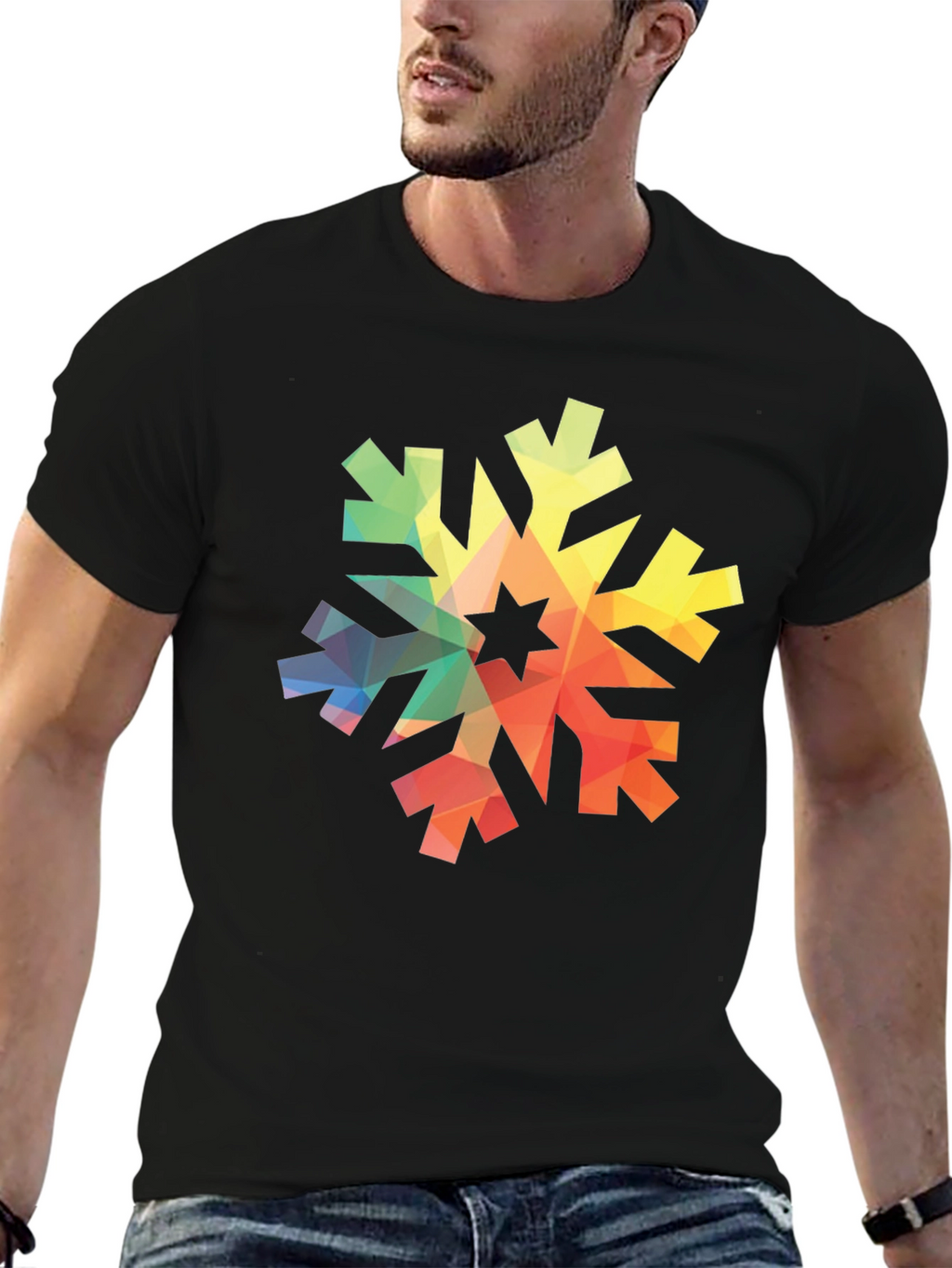 Geometric Snowflake Graphic Tee - Black Cotton Shirt