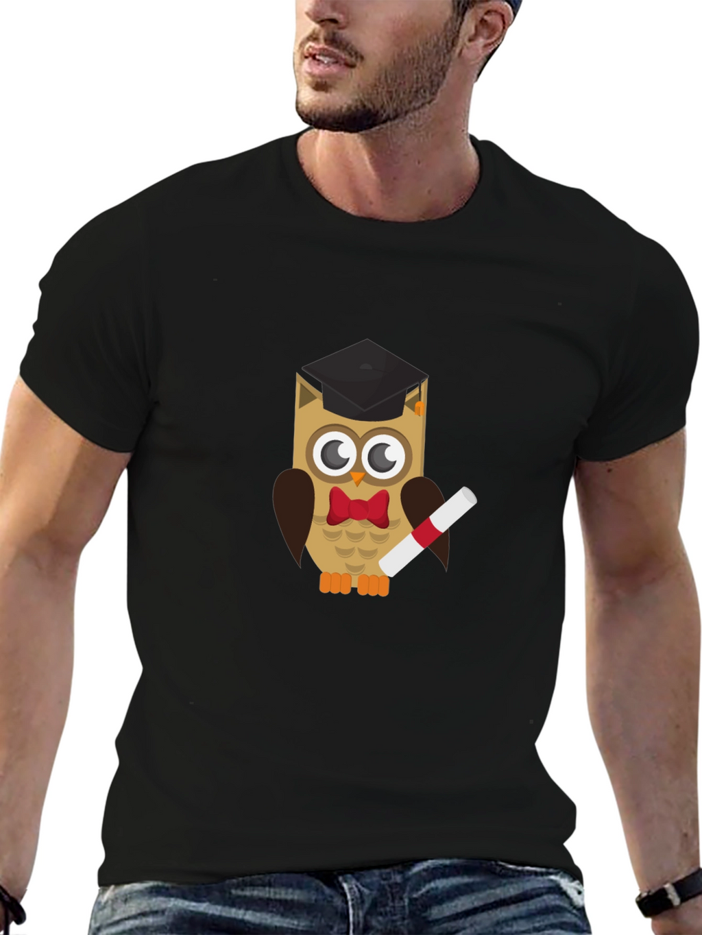 Graduation Owl Graphic Tee - Black Cotton T-Shirt