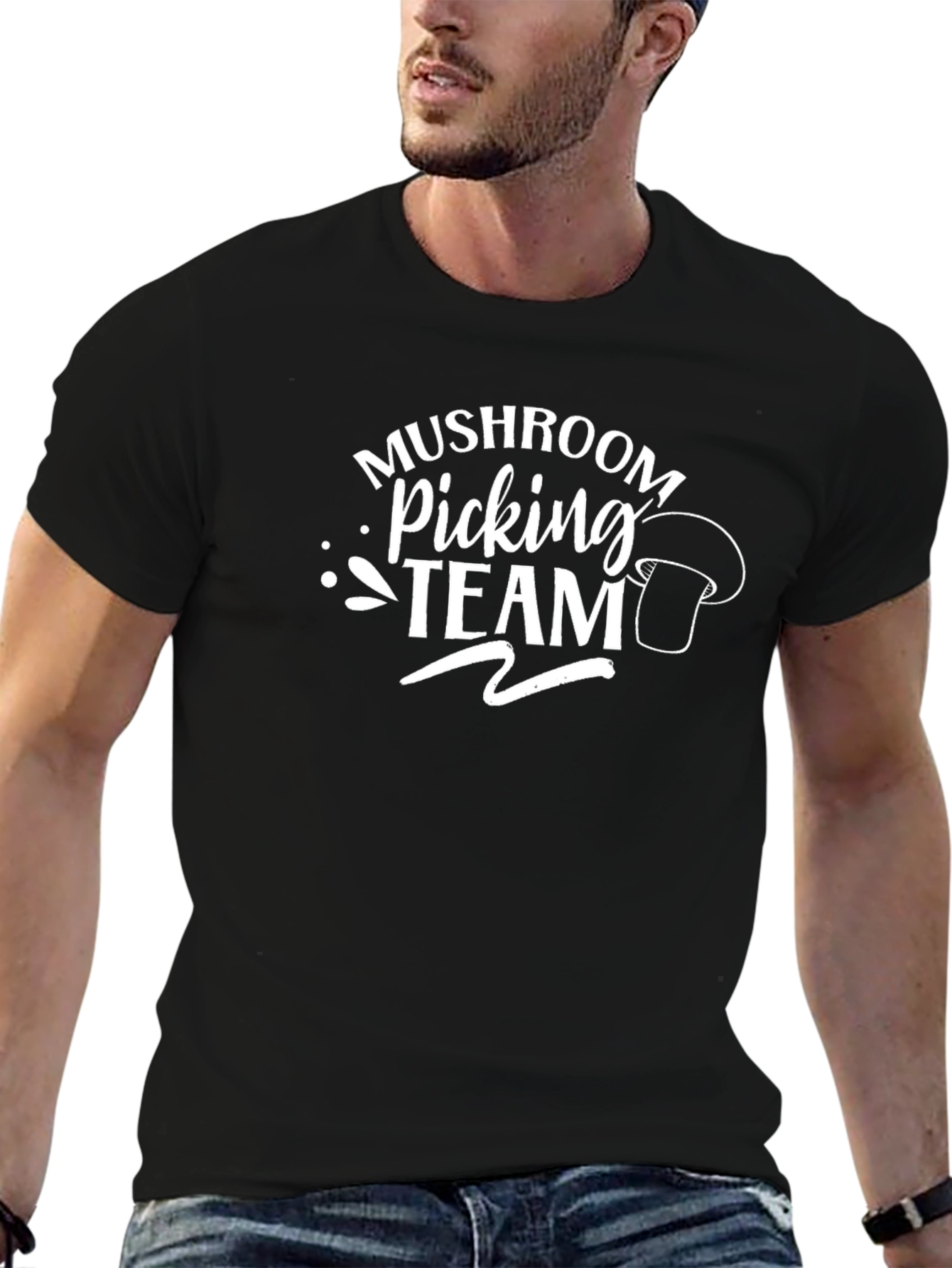 Mushroom Picking Team T-Shirt - Black Crew Neck Tee