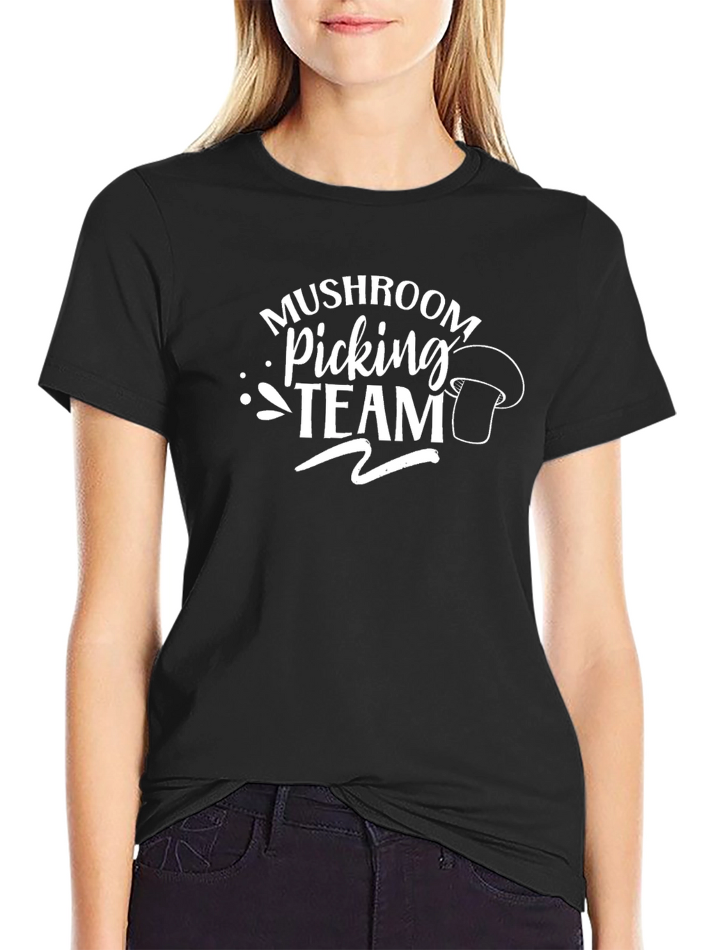 Mushroom Picking Team T-Shirt - Black Crew Neck Tee