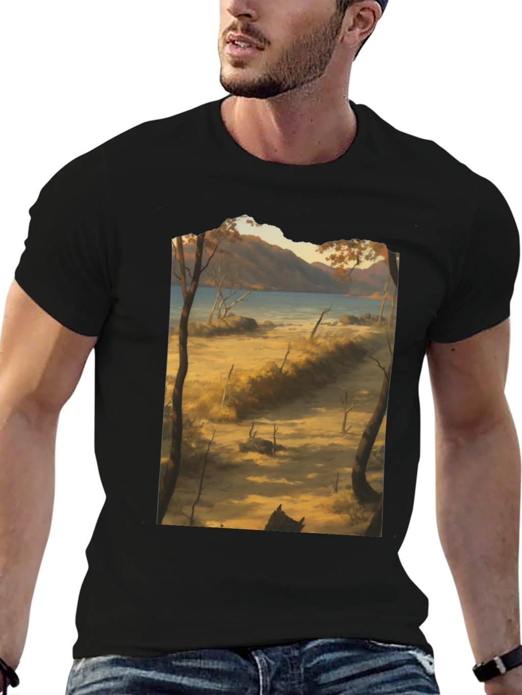 Scenic Landscape Graphic Tee - Black Cotton T-Shirt