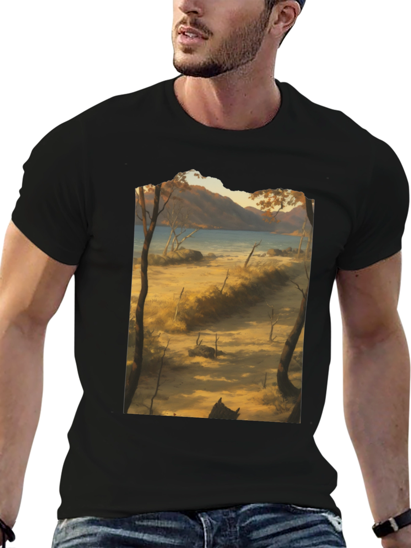 Scenic Landscape Graphic Tee - Black Cotton T-Shirt