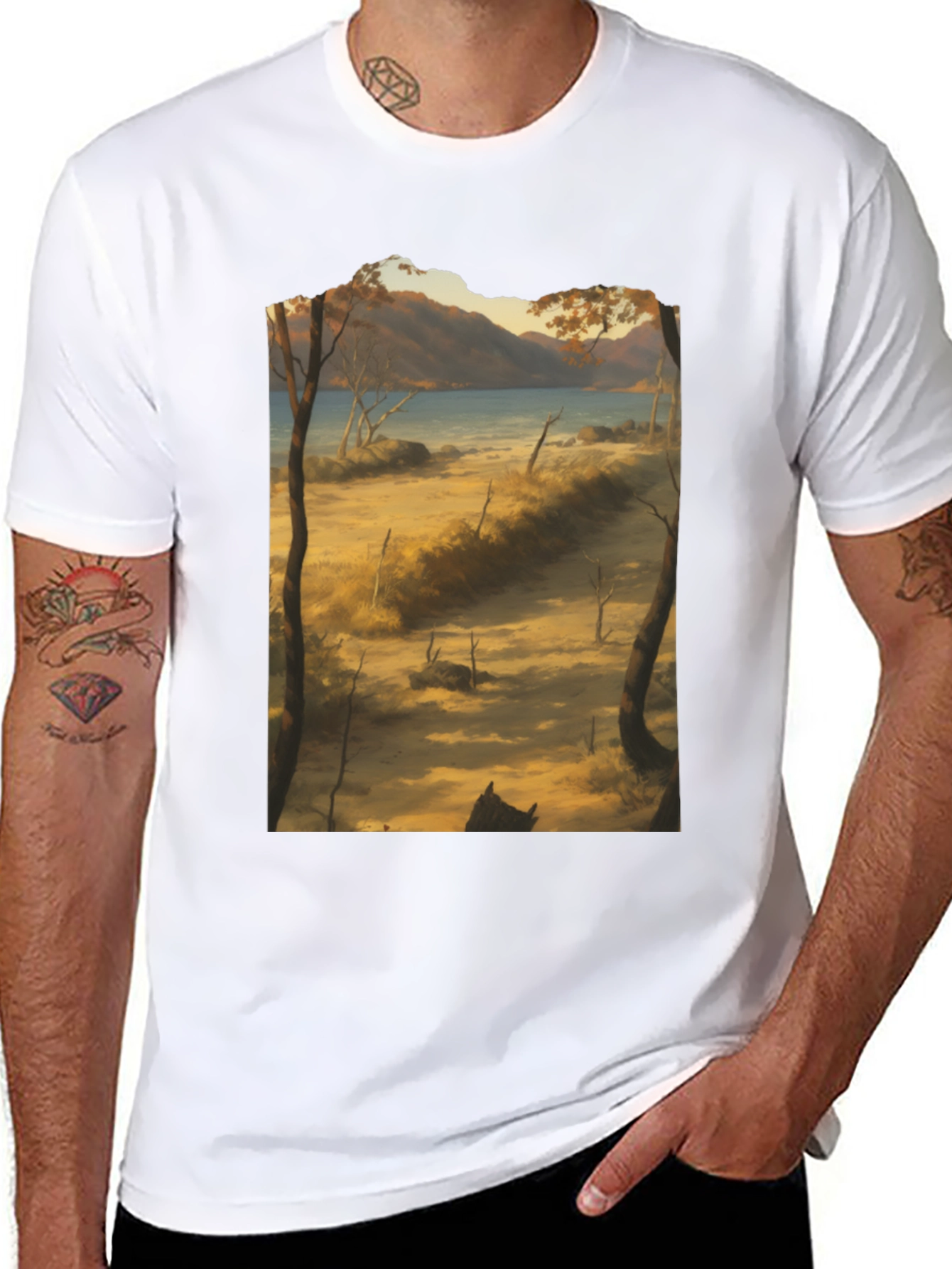 Scenic Landscape Graphic Tee - Black Cotton T-Shirt
