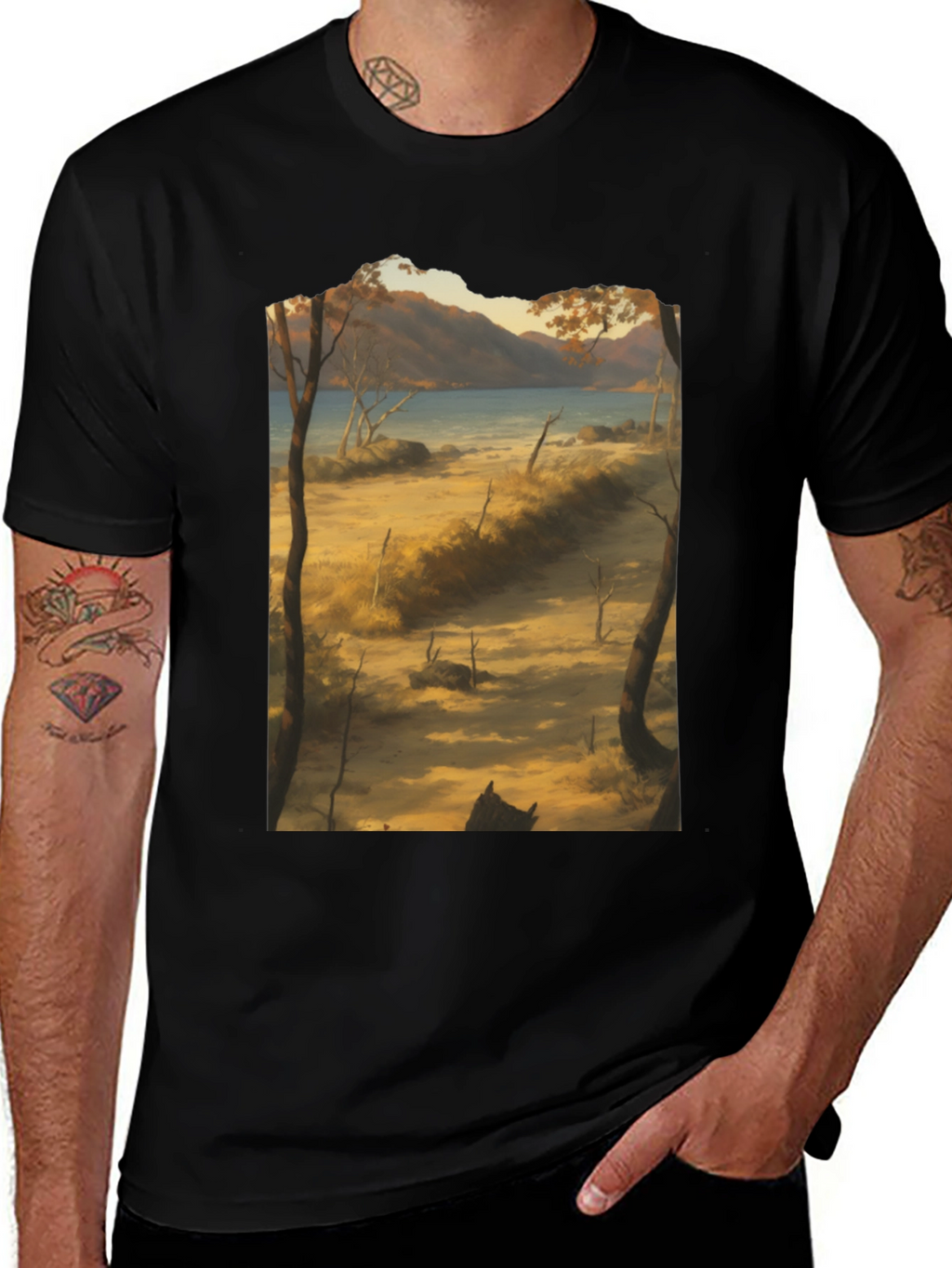 Scenic Landscape Graphic Tee - Black Cotton T-Shirt