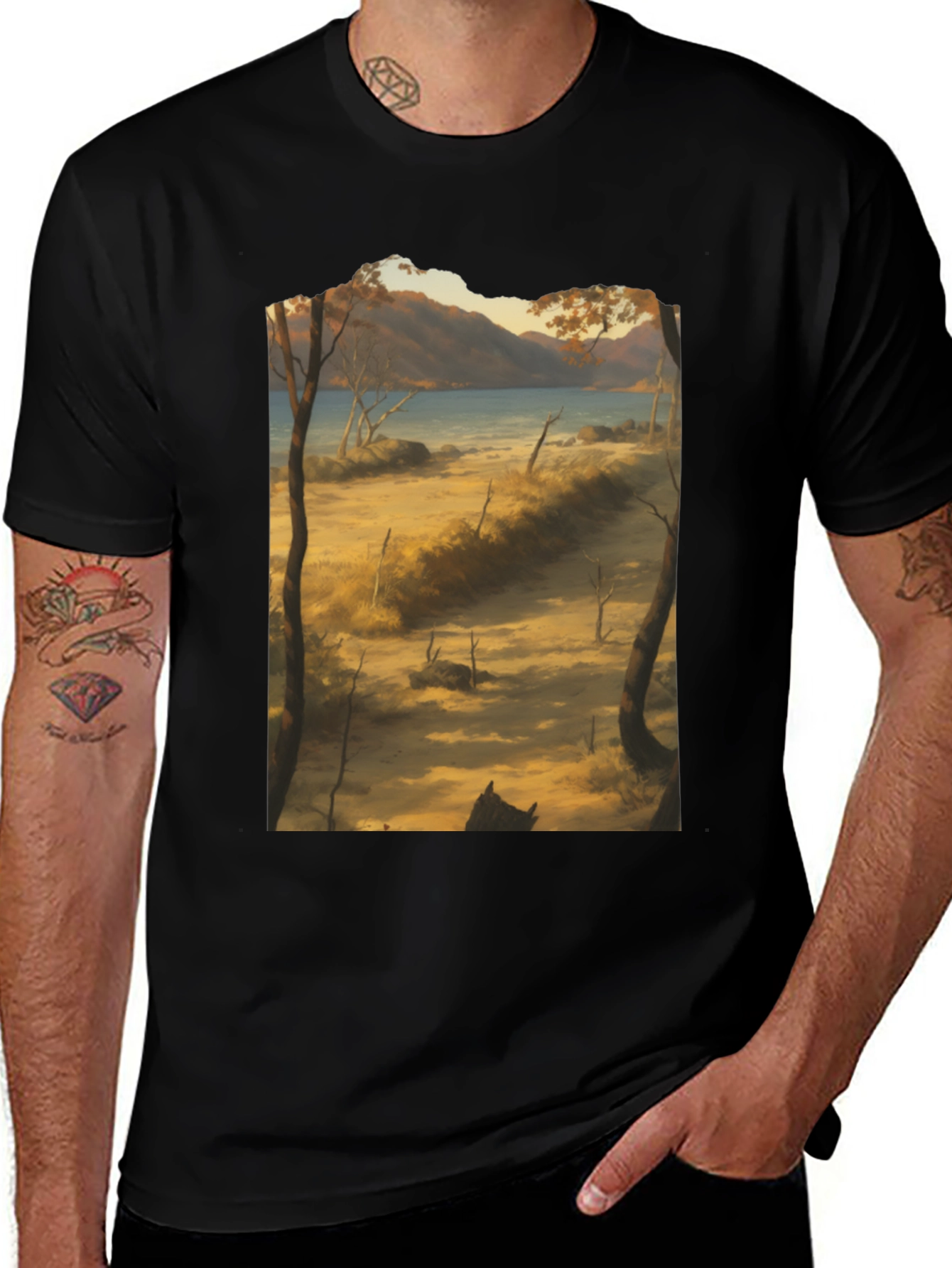 Scenic Landscape Graphic Tee - Black Cotton T-Shirt