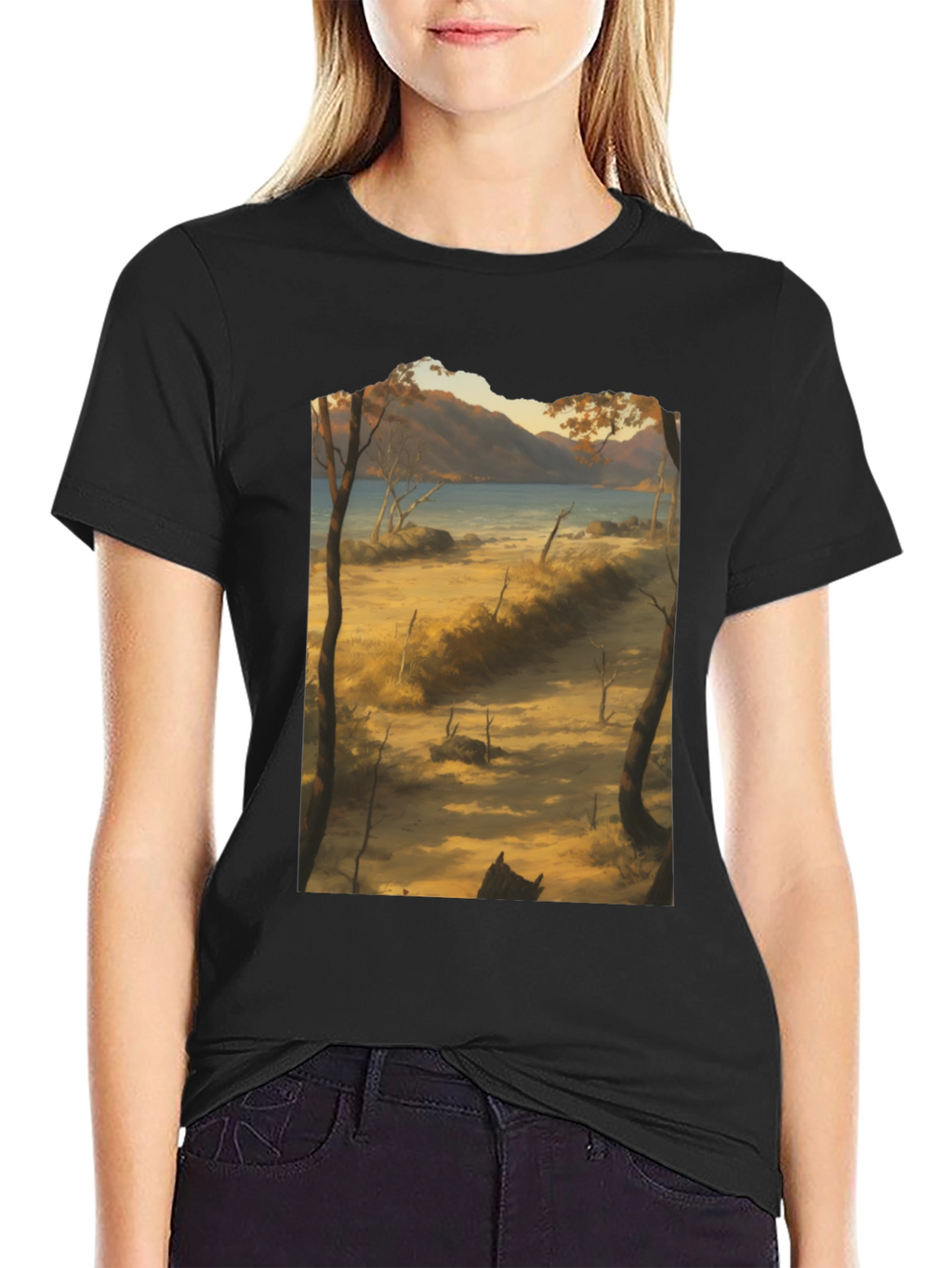 Scenic Landscape Graphic Tee - Black Cotton T-Shirt