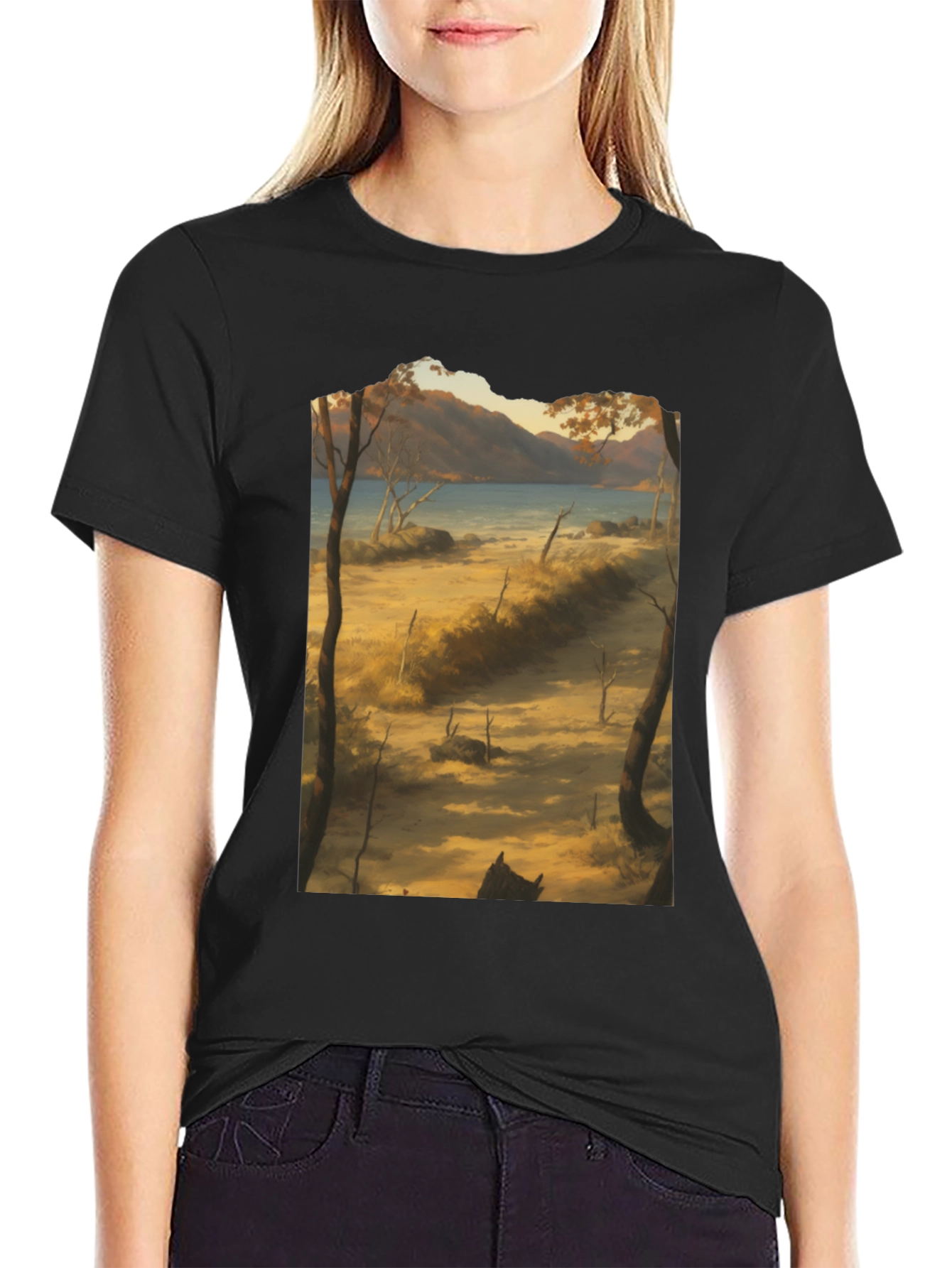 Scenic Landscape Graphic Tee - Black Cotton T-Shirt
