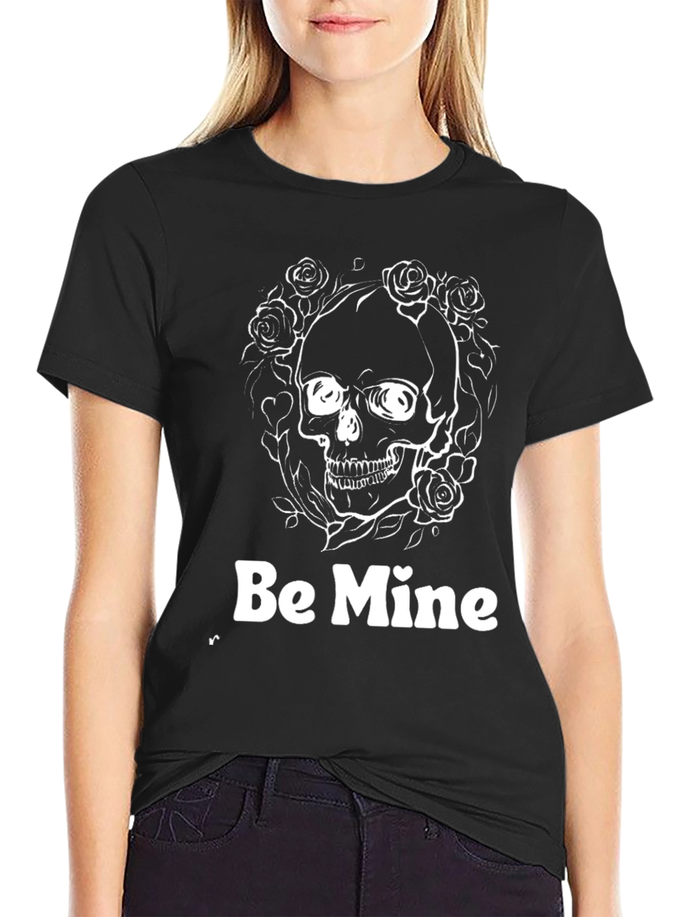 Be Mine Skull Rose Valentines Black T-Shirt