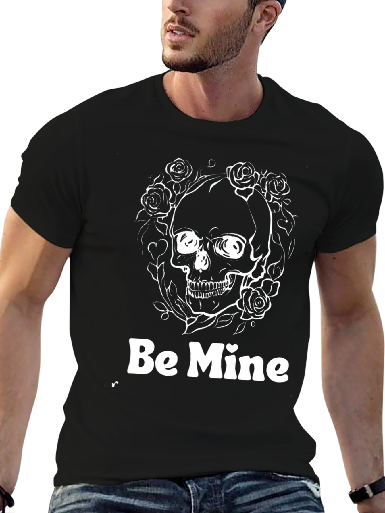 Be Mine Skull Rose Valentines Black T-Shirt