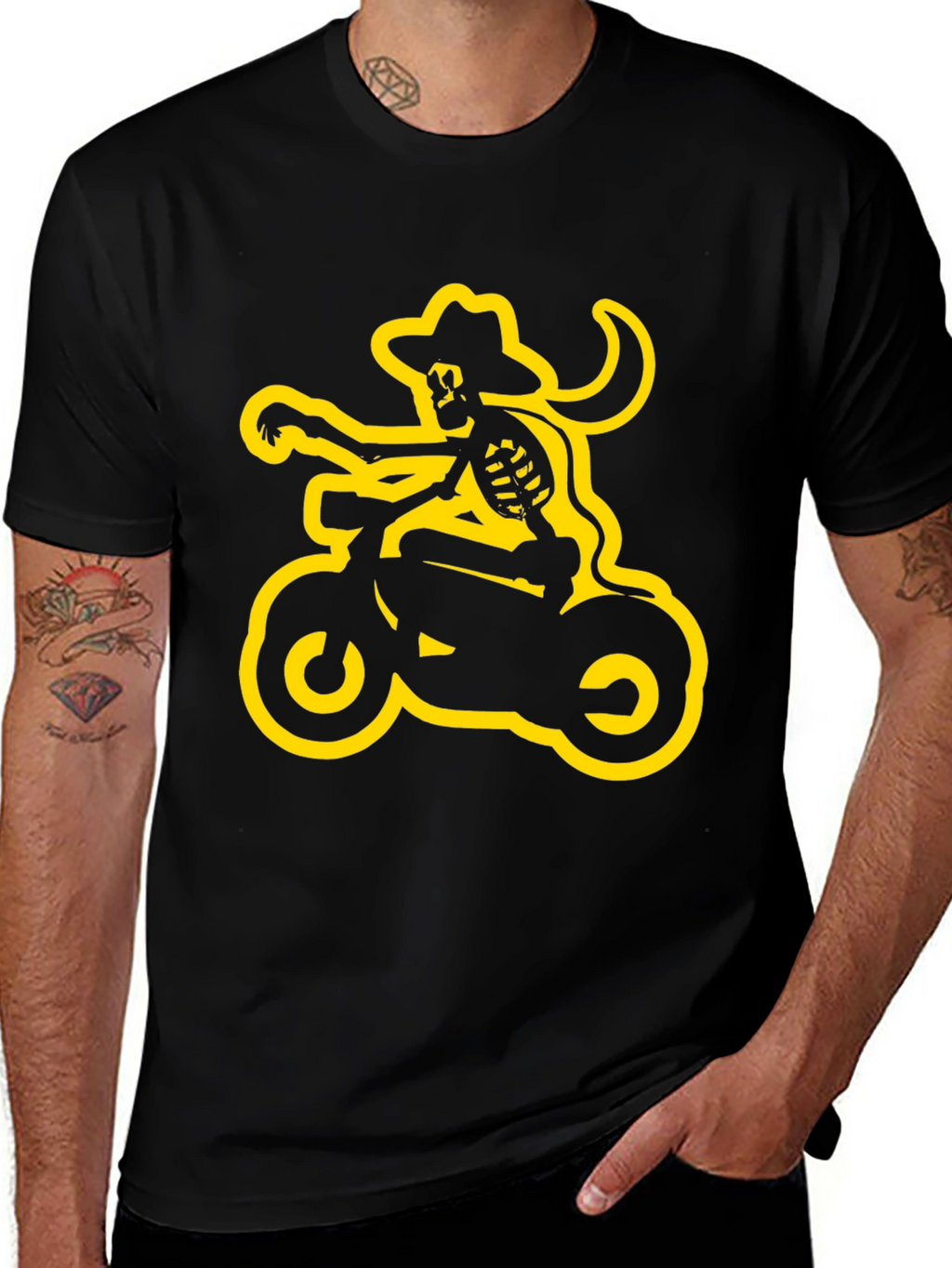 Skeleton Cowboy Biker Graphic Tee - Black