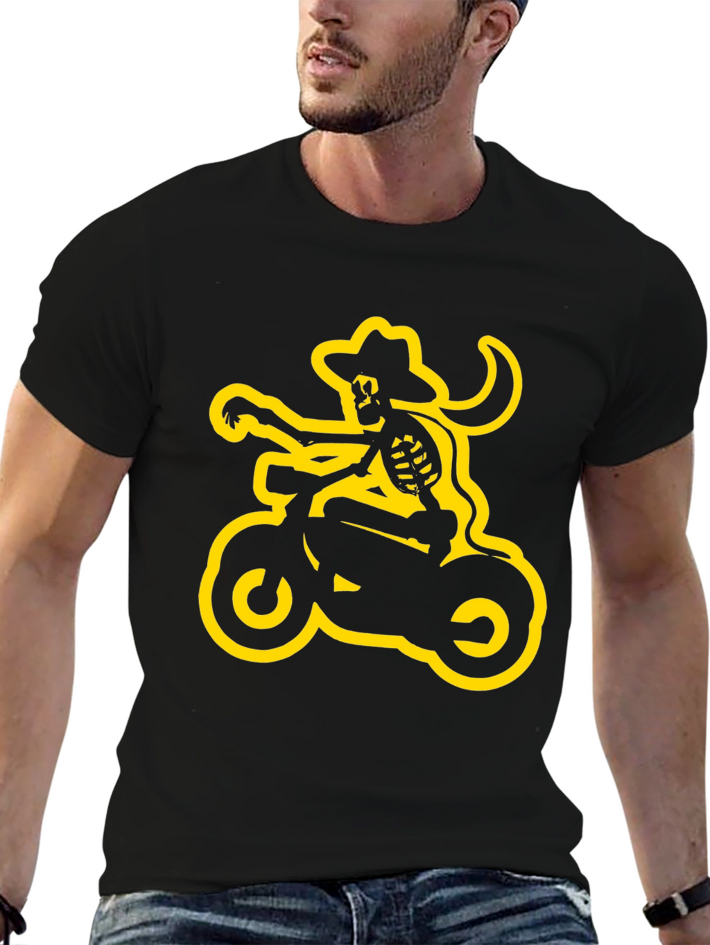 Skeleton Cowboy Biker Graphic Tee - Black