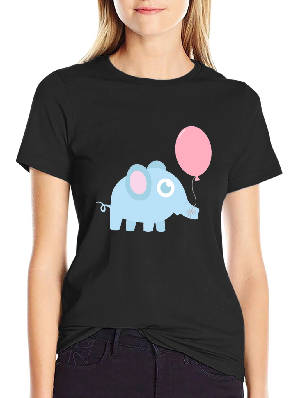 Cute Elephant with Balloon Black T-Shirt
