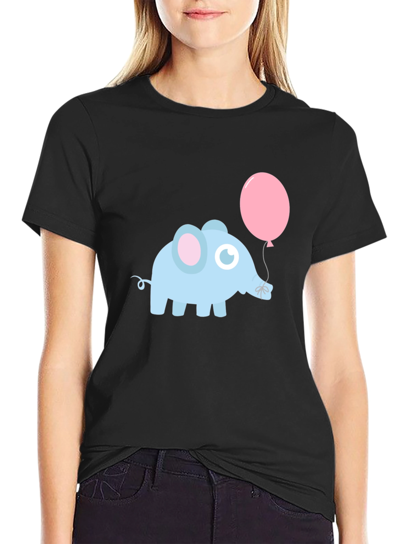 Cute Elephant with Balloon Black T-Shirt