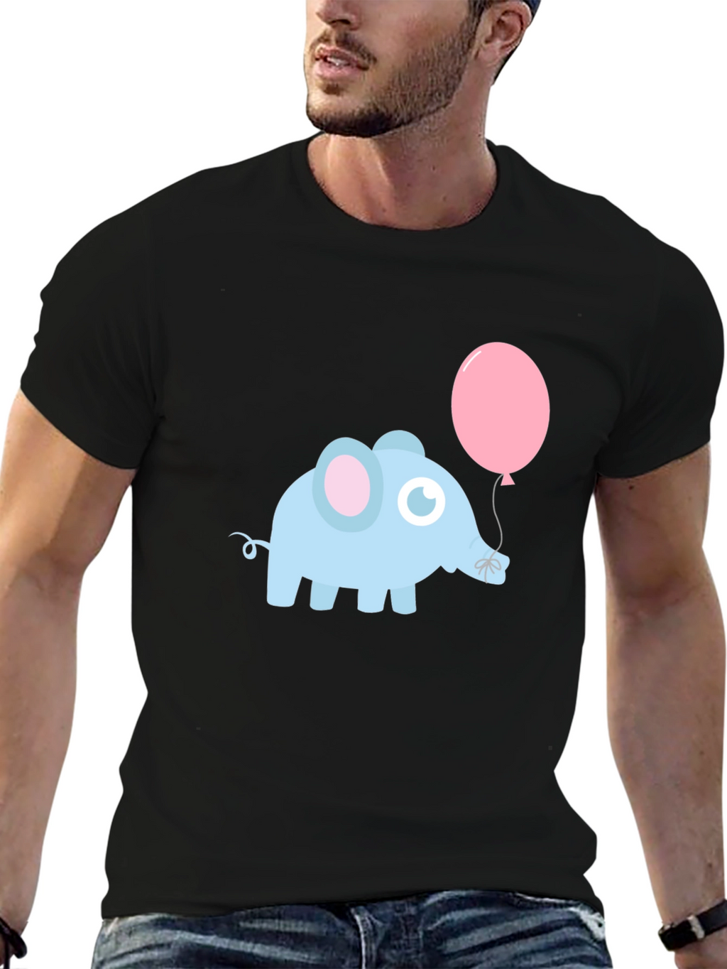 Cute Elephant with Balloon Black T-Shirt