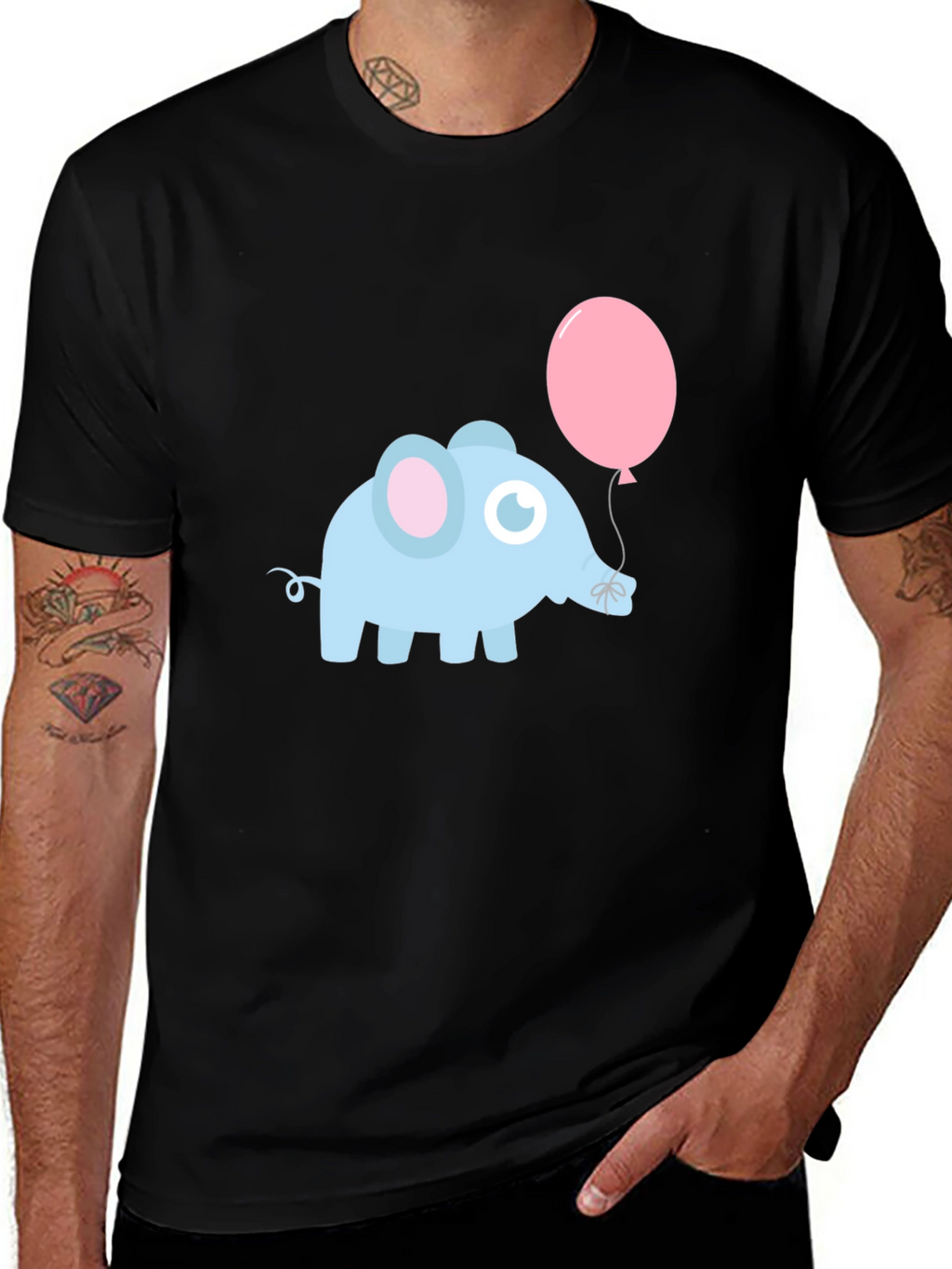 Cute Elephant with Balloon Black T-Shirt