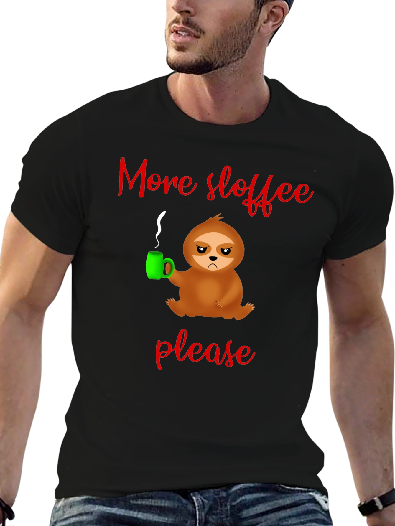 More Sloffee Please Sloth Graphic Tee - Black Cotton T-Shirt