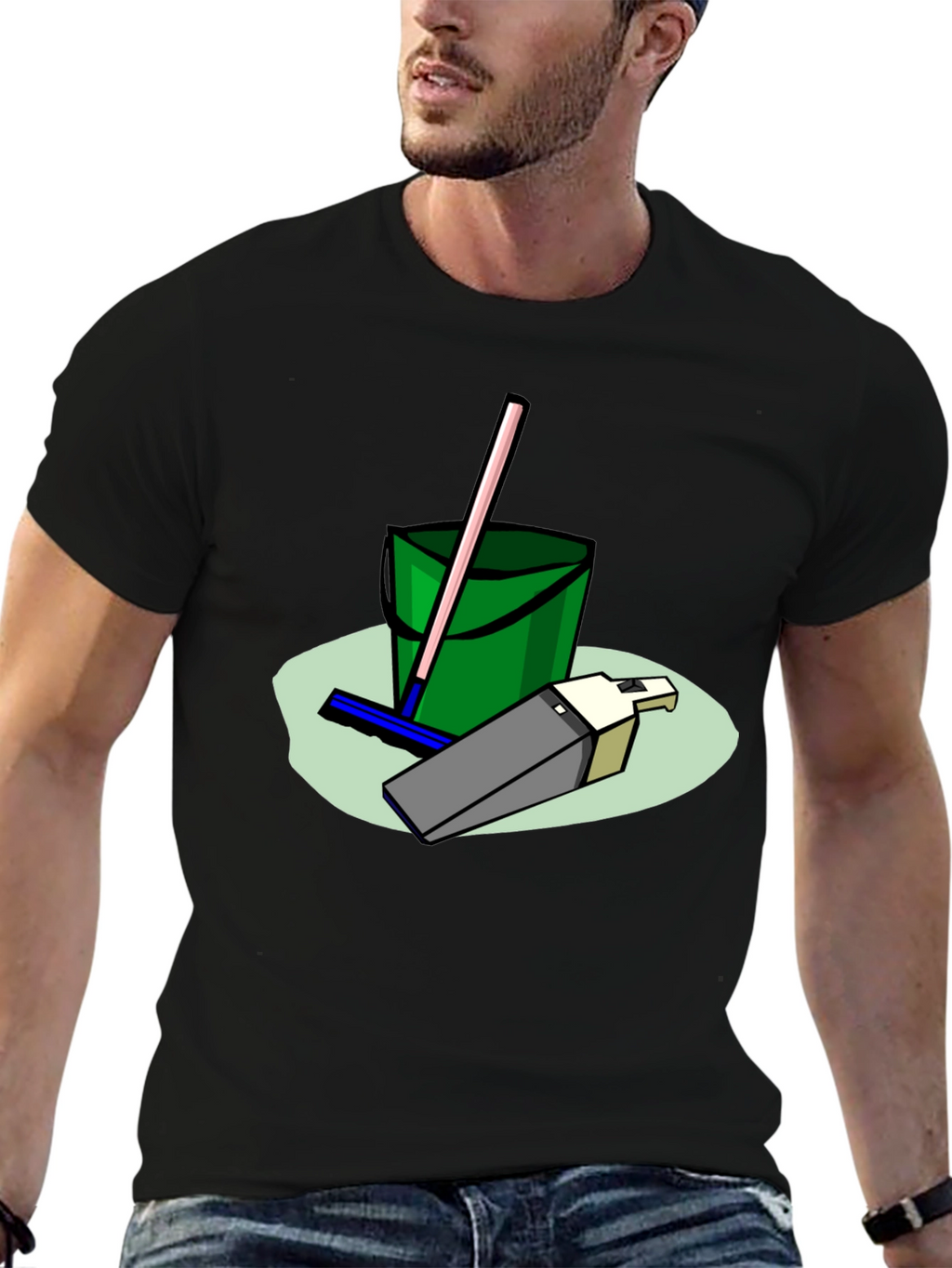 Cleaning Crew T-Shirt - Cartoon Bucket & Mop Tee