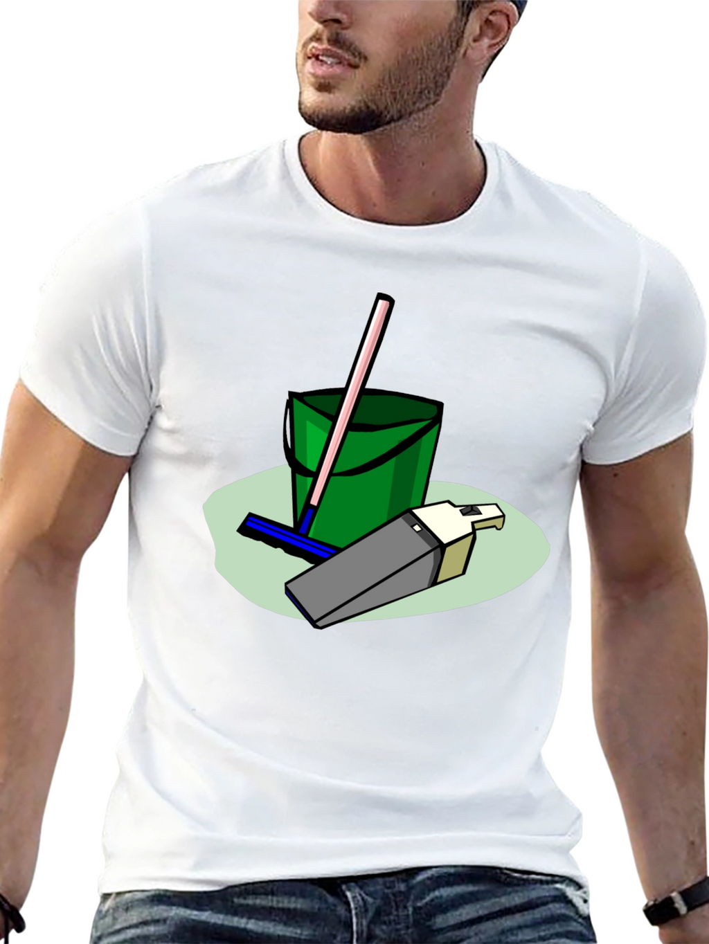 Cleaning Crew T-Shirt - Cartoon Bucket & Mop Tee