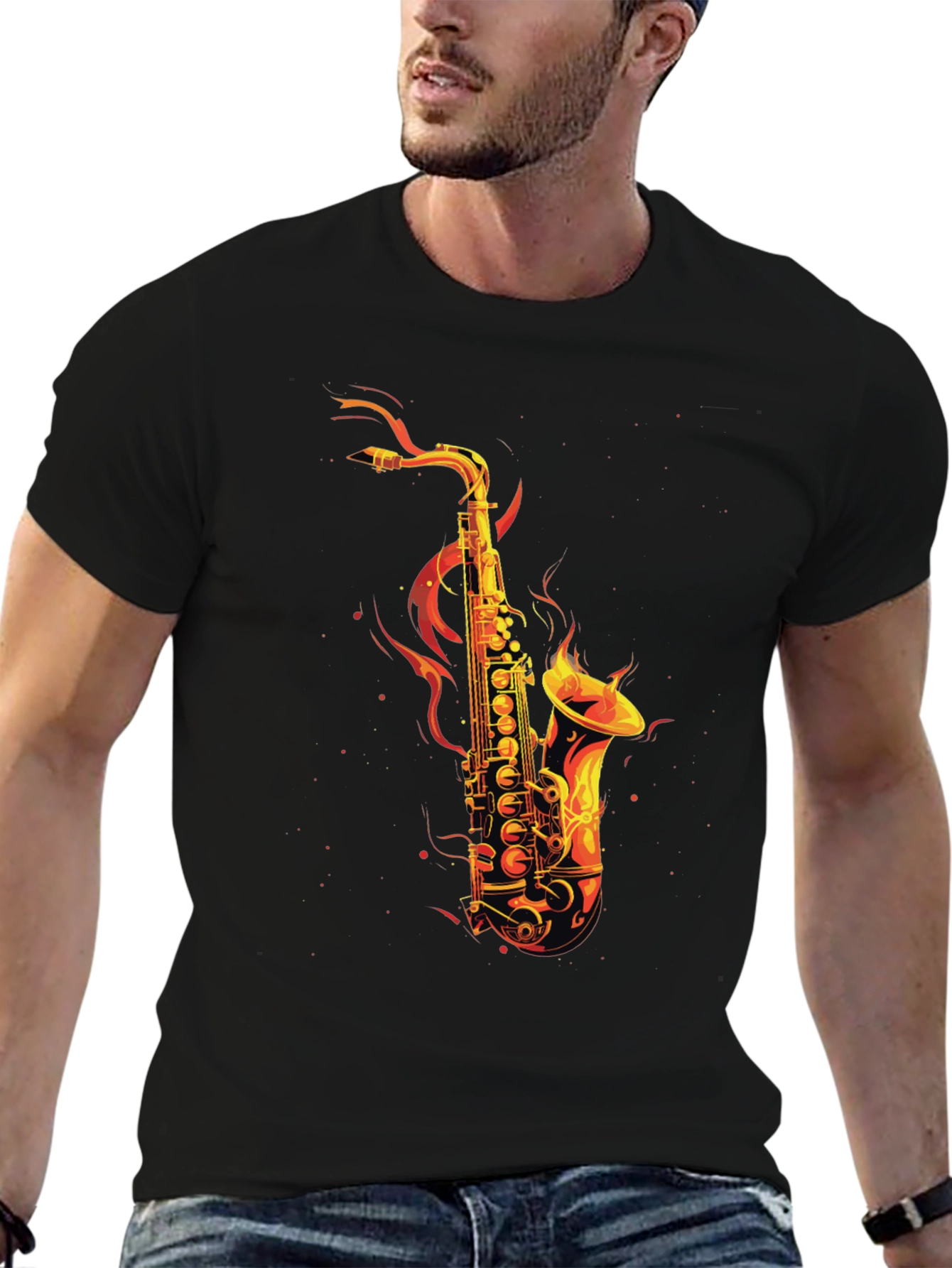 Flaming Saxophone Graphic Tee - Black Cotton T-Shirt