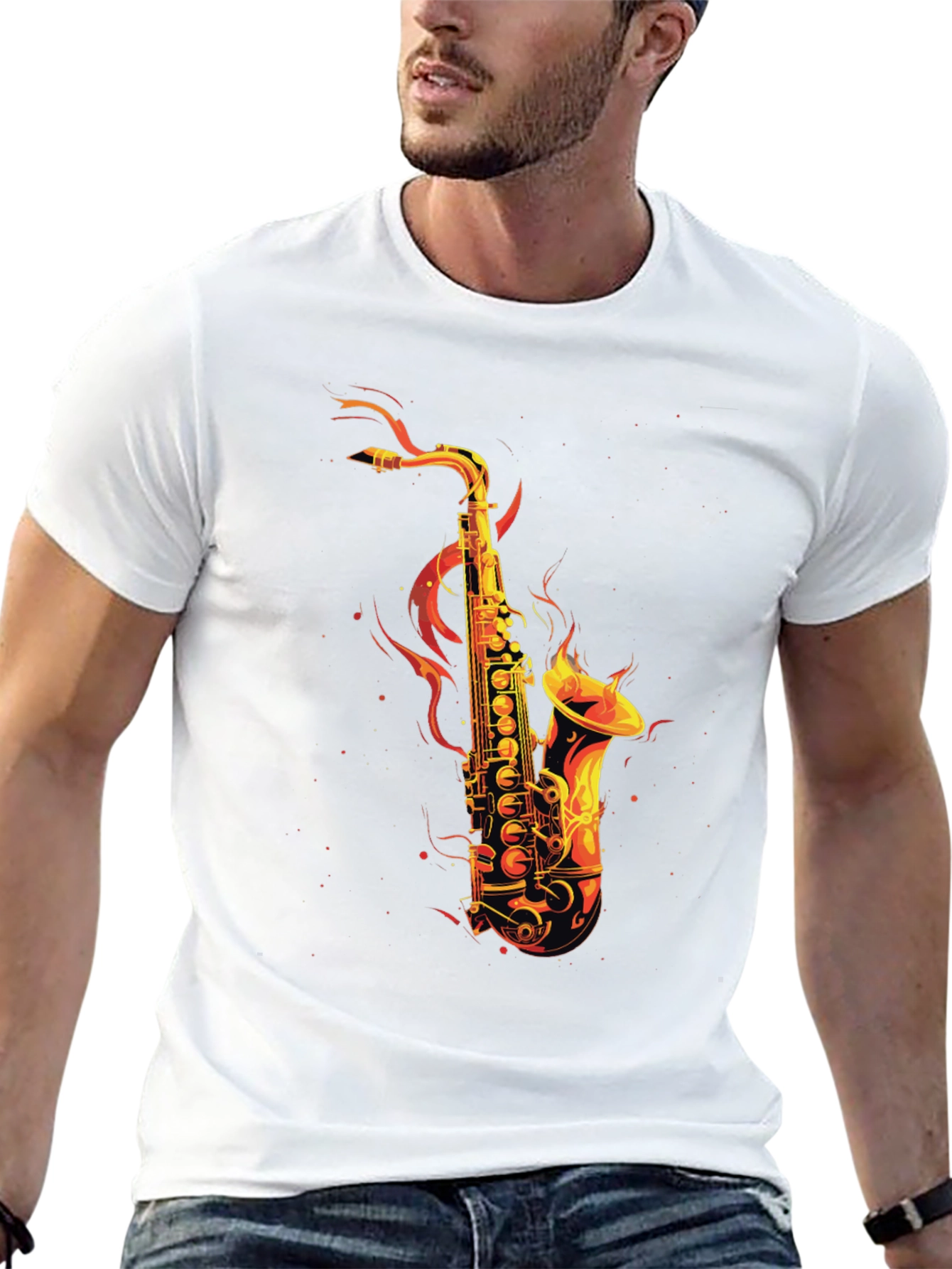 Flaming Saxophone Graphic Tee - Black Cotton T-Shirt