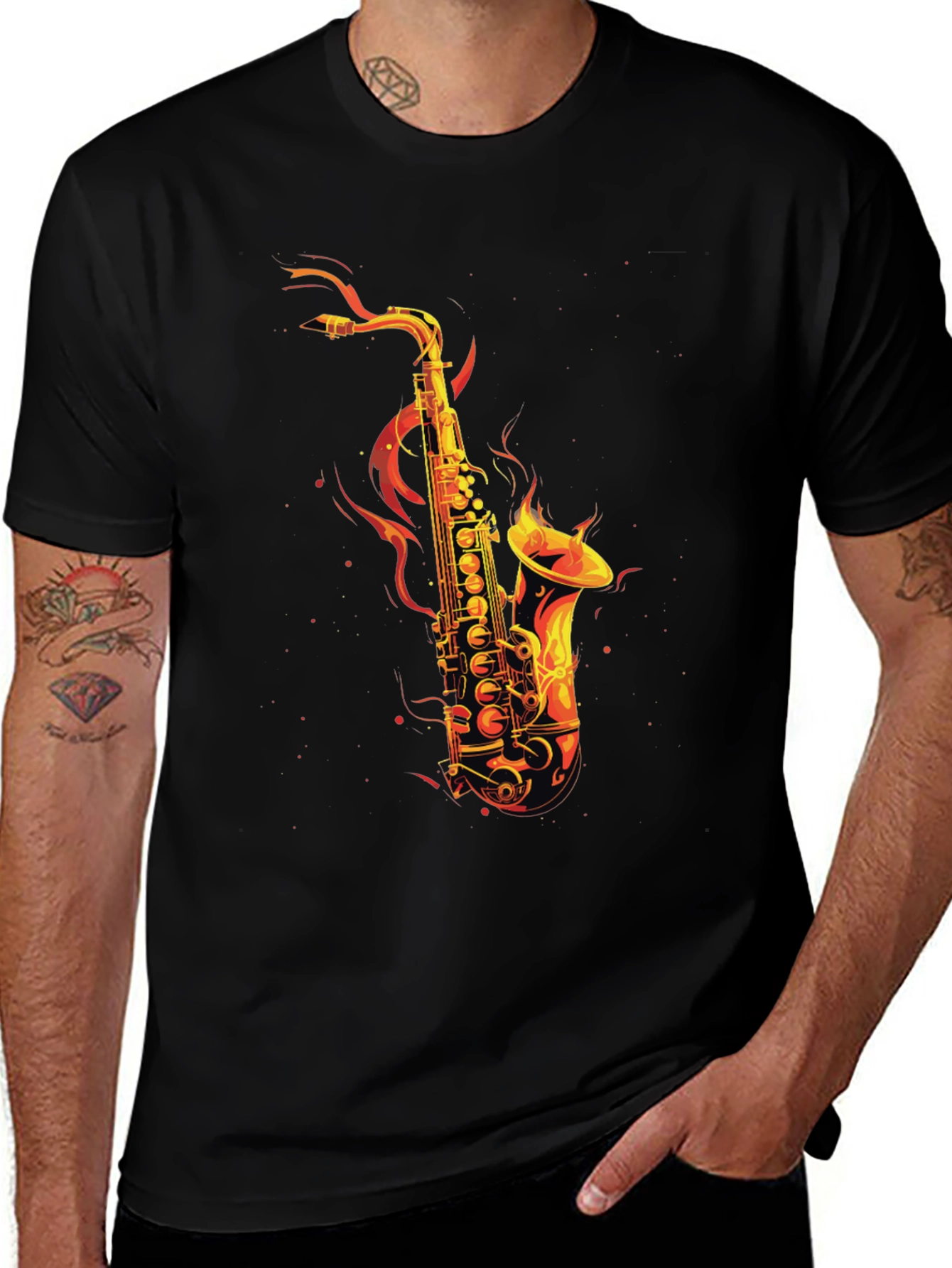 Flaming Saxophone Graphic Tee - Black Cotton T-Shirt
