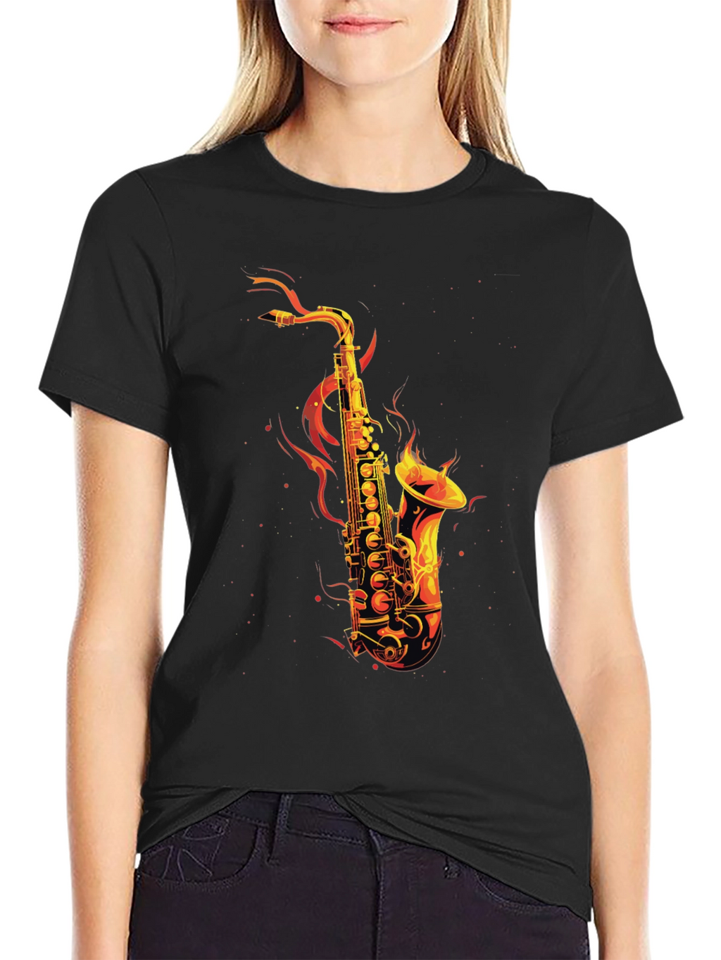 Flaming Saxophone Graphic Tee - Black Cotton T-Shirt
