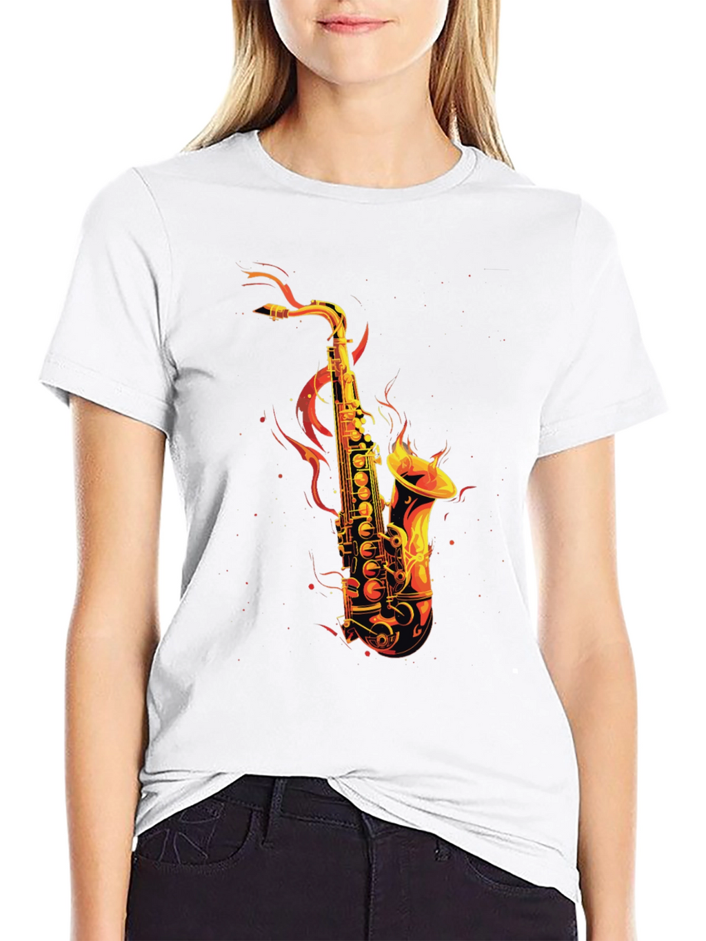 Flaming Saxophone Graphic Tee - Black Cotton T-Shirt