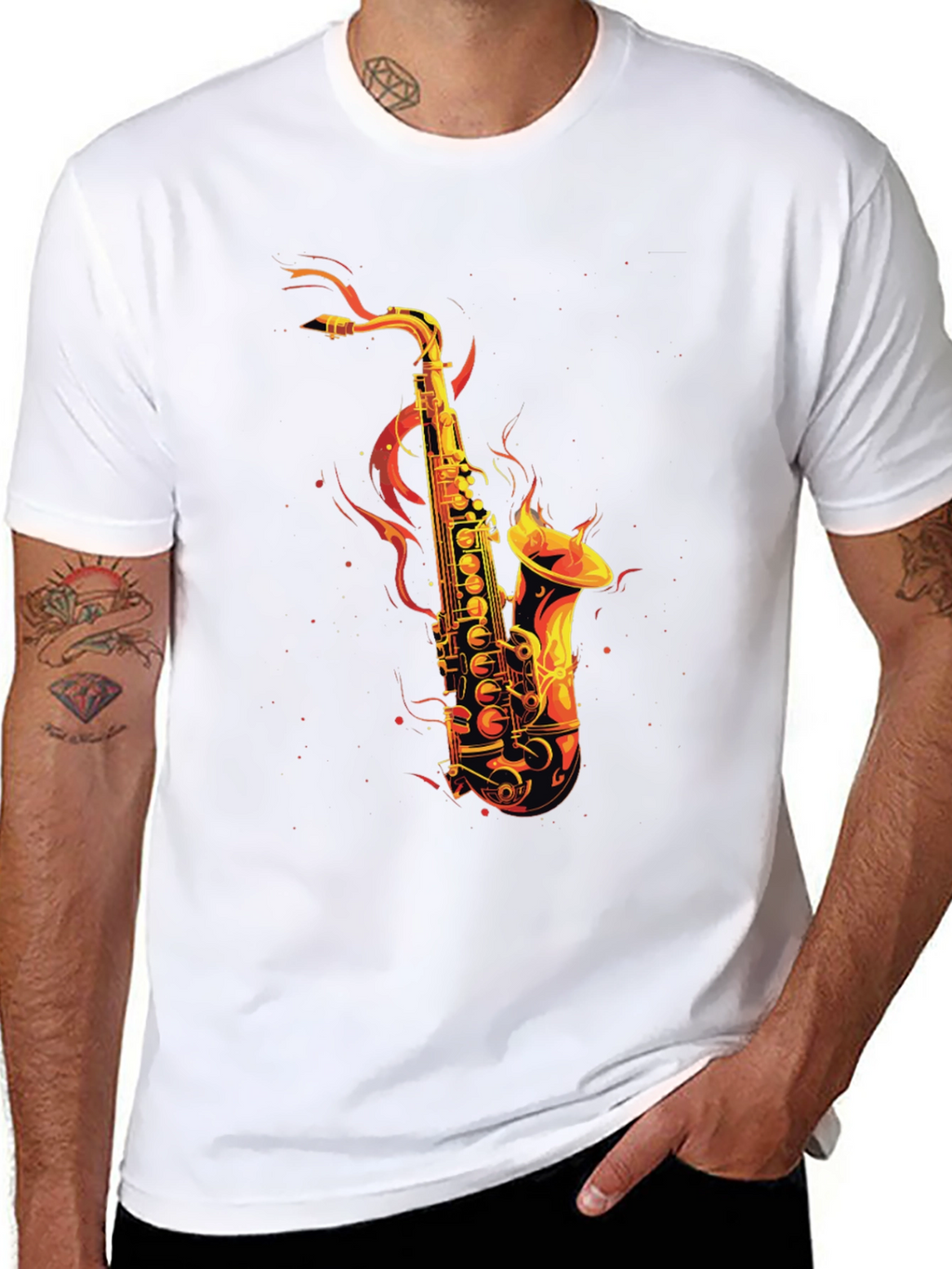Flaming Saxophone Graphic Tee - Black Cotton T-Shirt