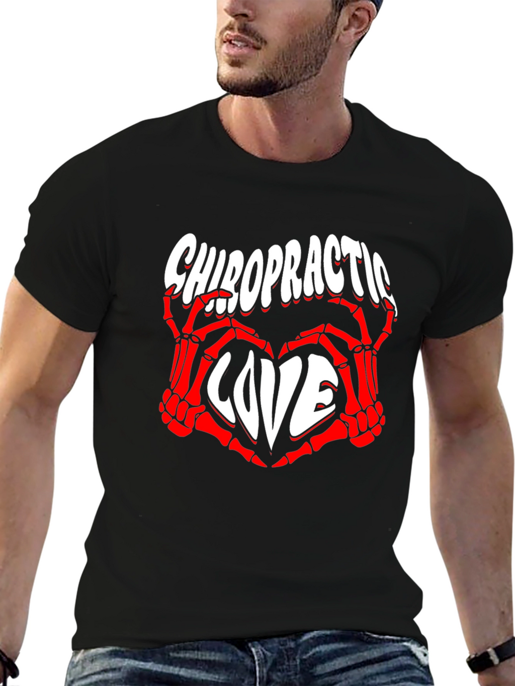 Chiropractic Love T-Shirt - Red Skeleton Hands Heart