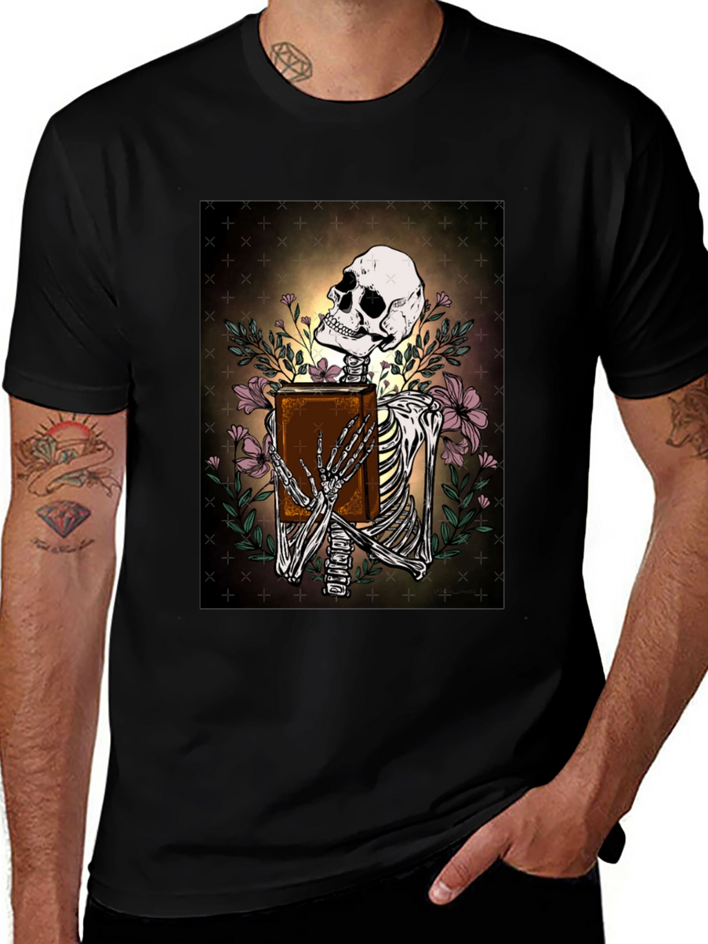 Skeleton Bookworm T-Shirt - Gothic Scholar Design