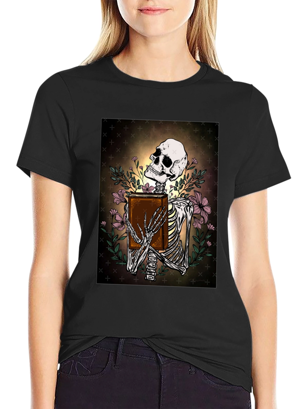 Skeleton Bookworm T-Shirt - Gothic Scholar Design