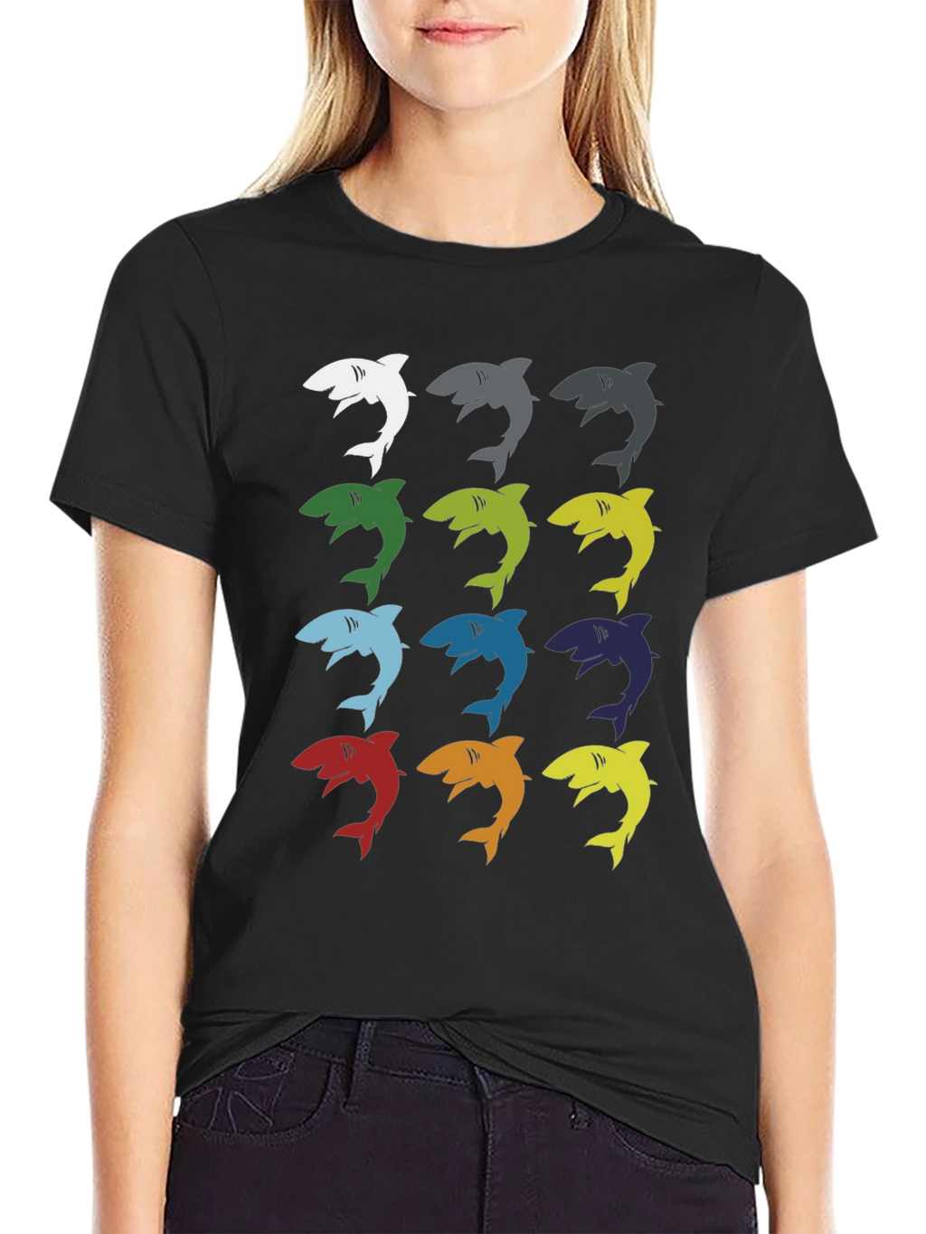Shark Pop Art Graphic Print Tee - Black
