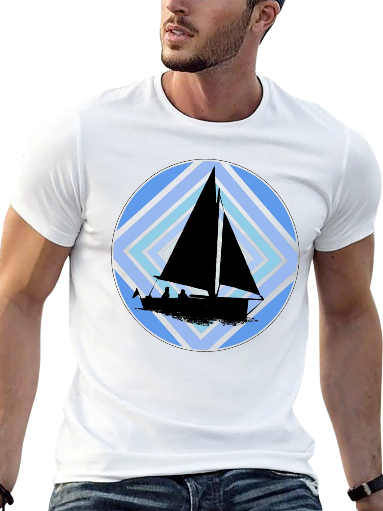 Sailing Boat Graphic Tee - Black Crew Neck T-Shirt