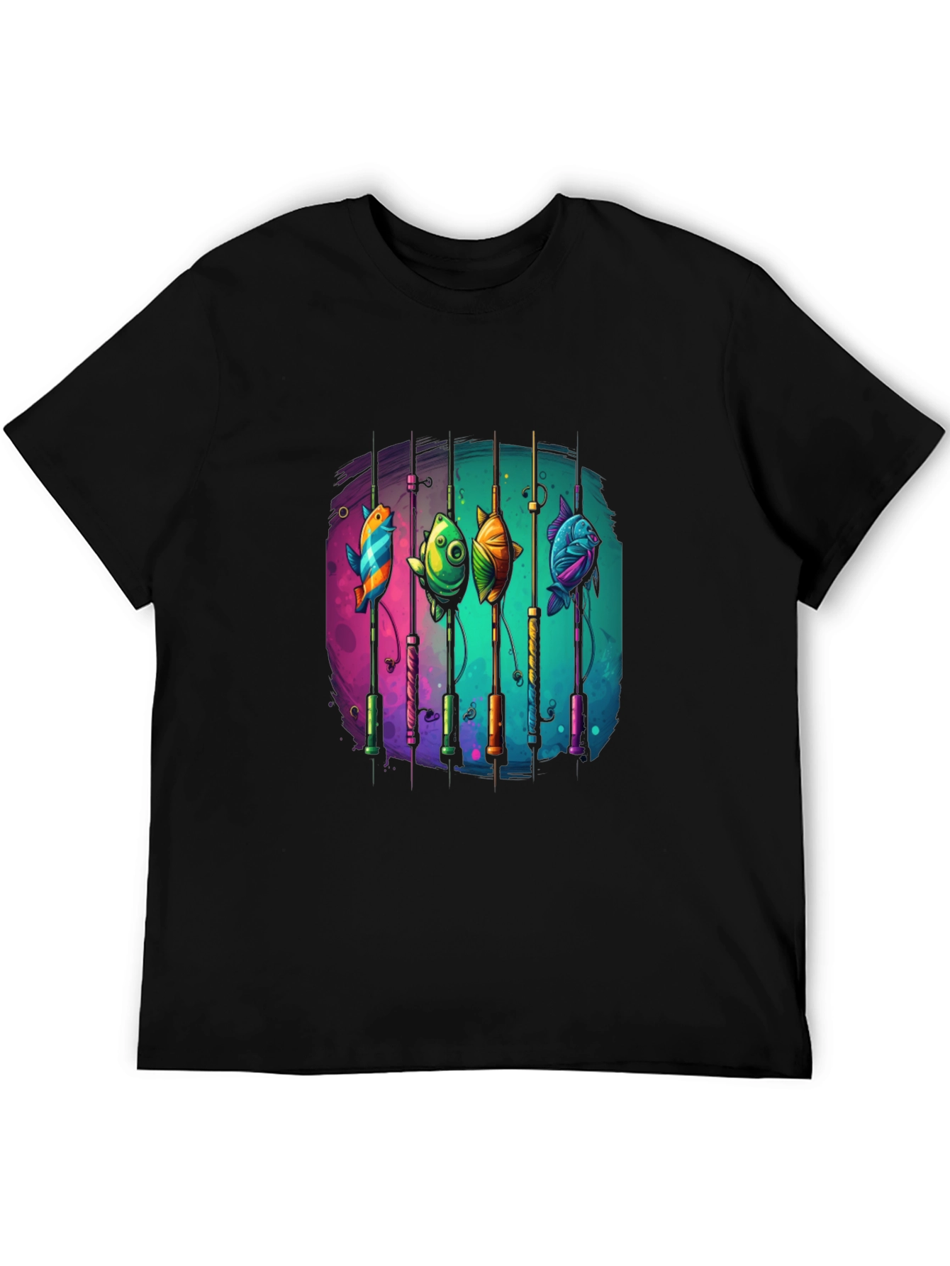 Fishing Rods & Colorful Fish Graphic T-Shirt