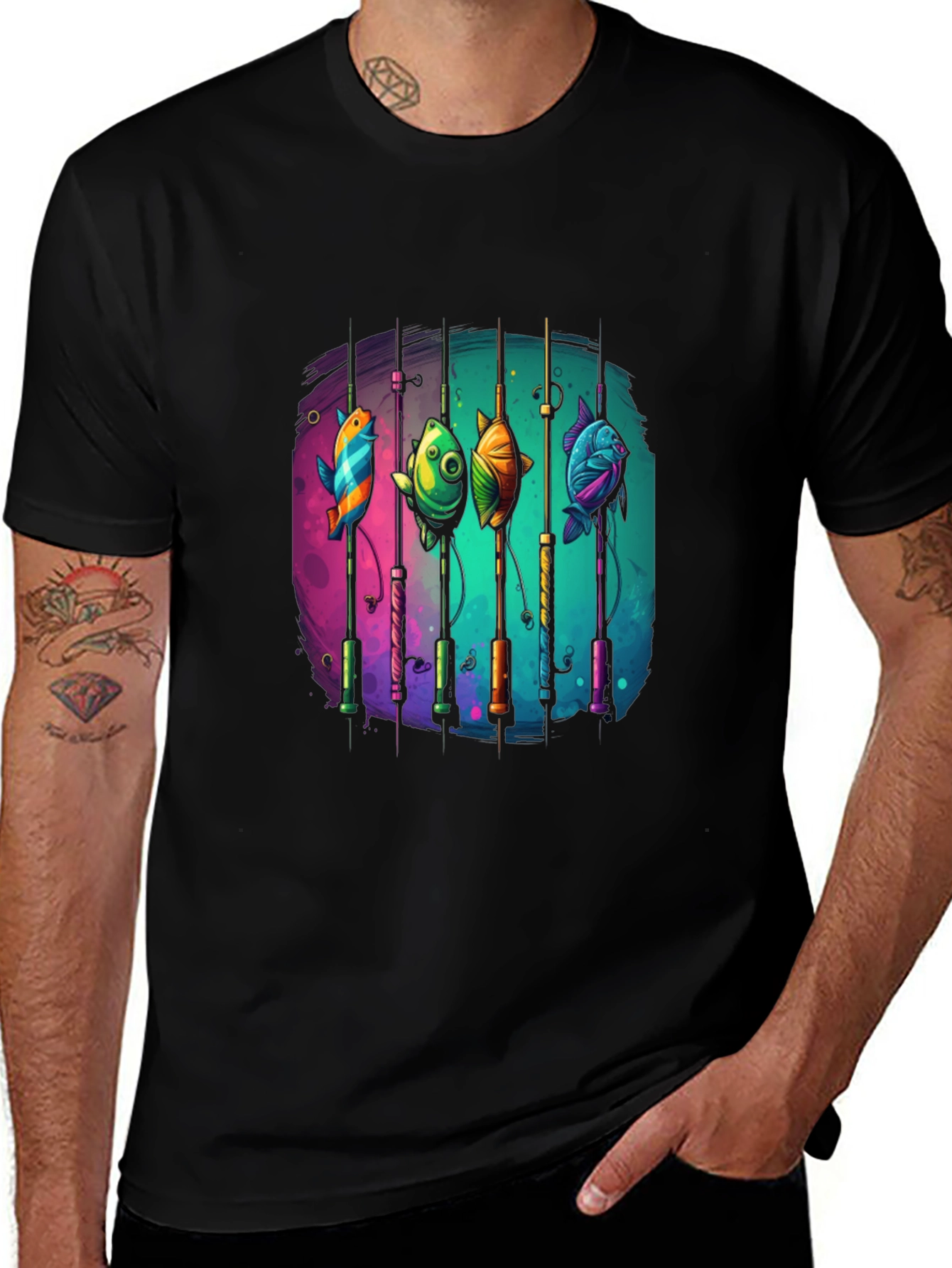 Fishing Rods & Colorful Fish Graphic T-Shirt