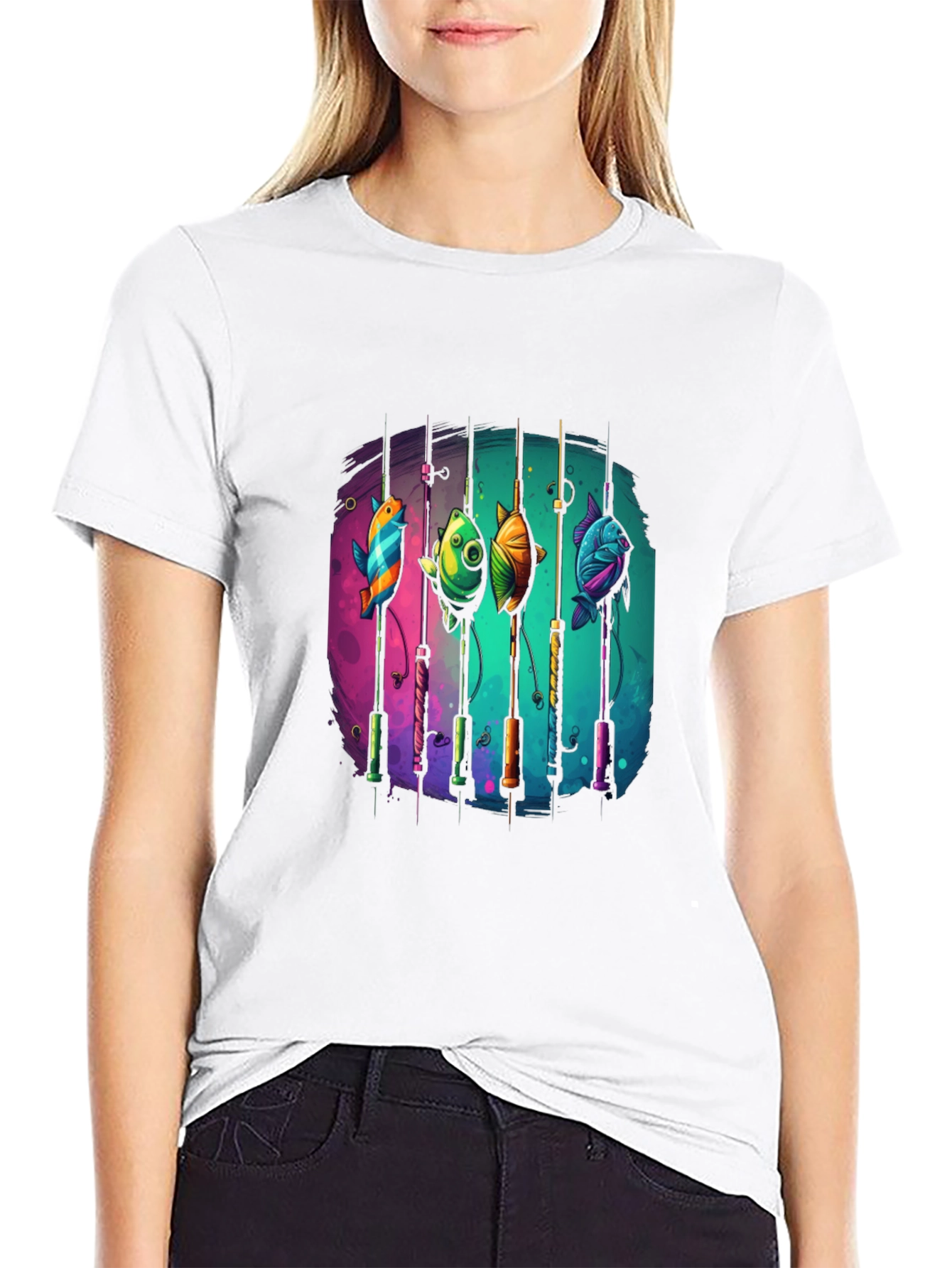 Fishing Rods & Colorful Fish Graphic T-Shirt